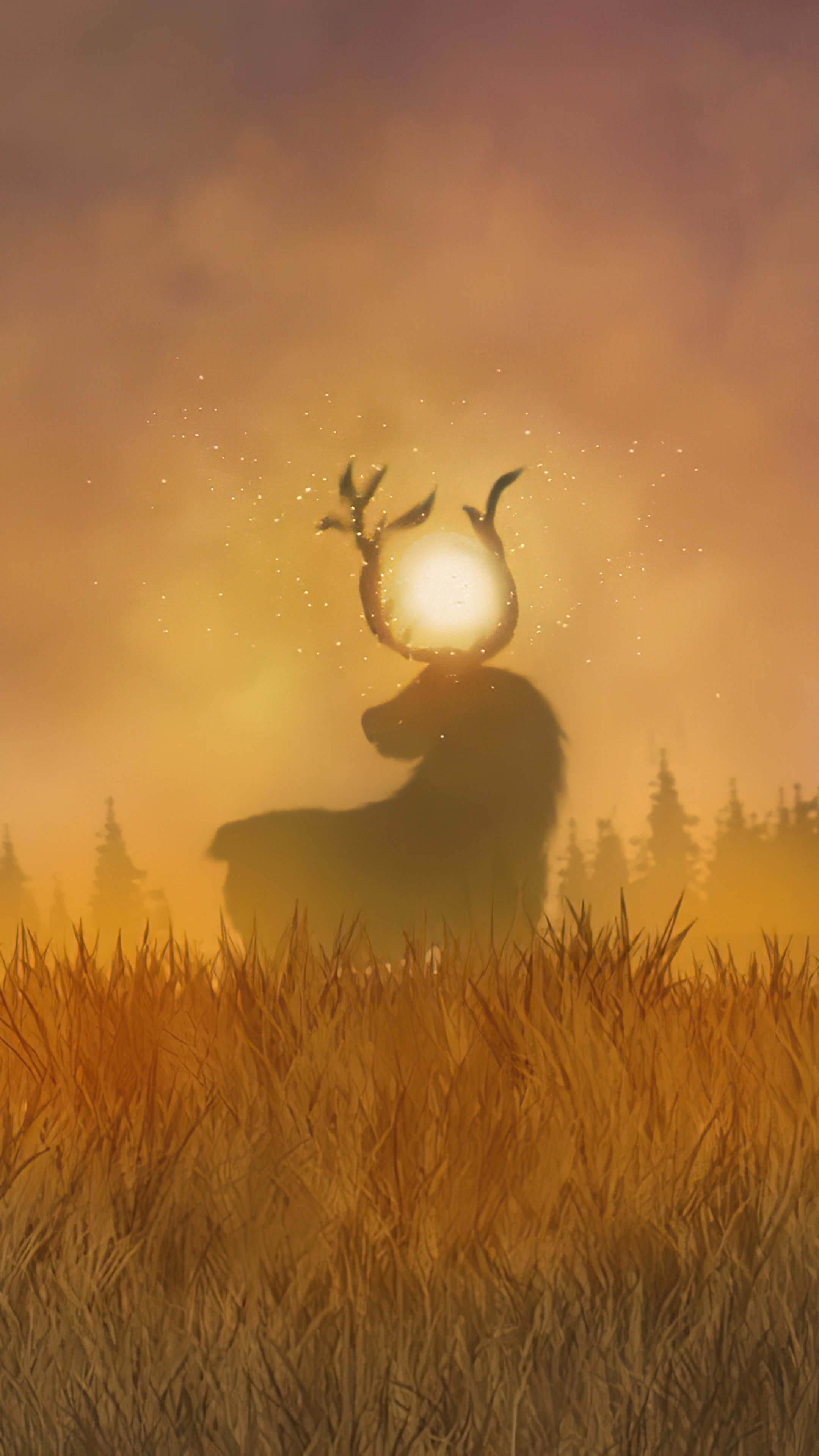 Deer with glowing antlers in a field HD Phone Wallpaper