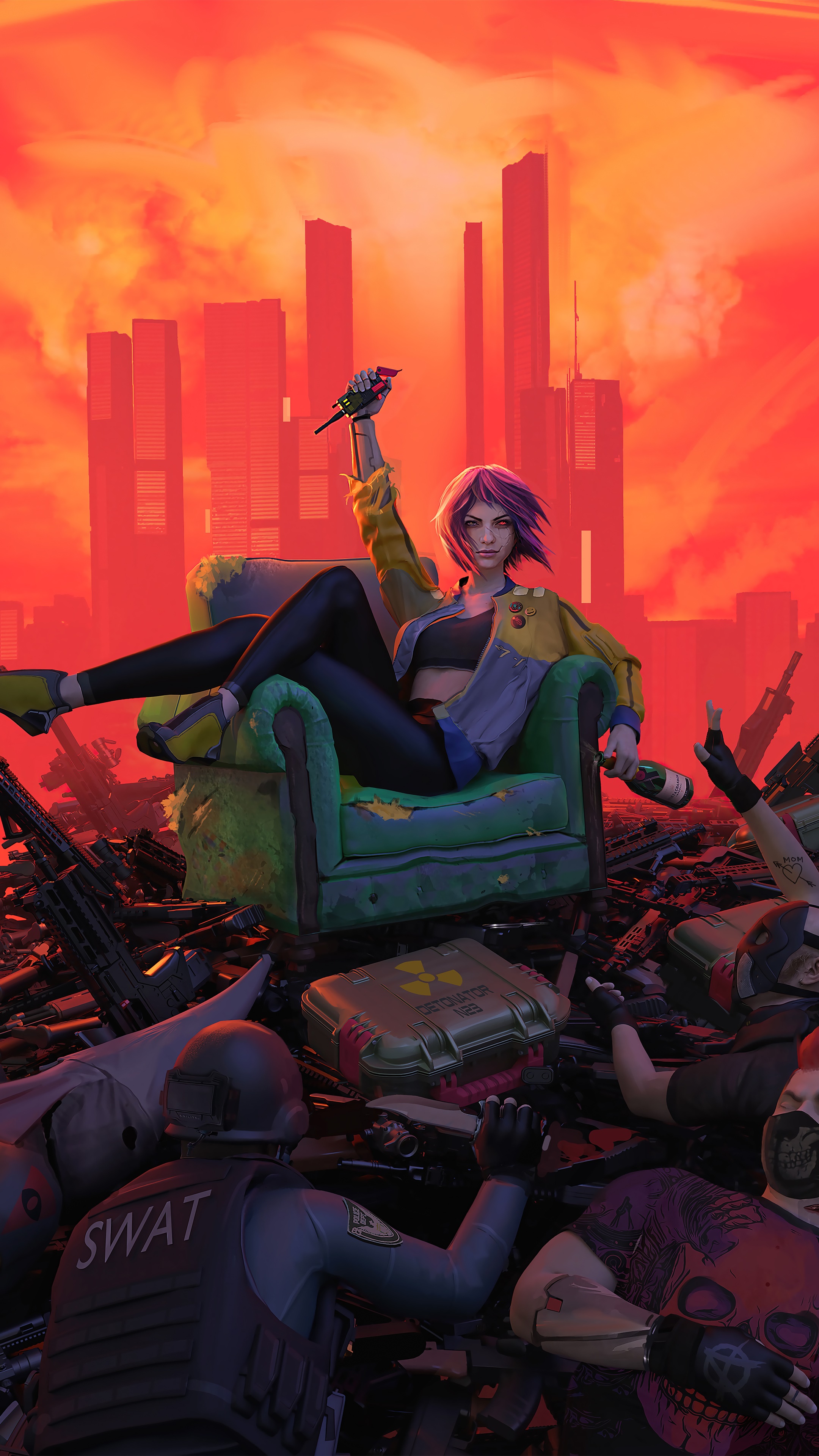 Woman with purple hair sitting on a chair surrounded by weapons HD Phone Wallpaper