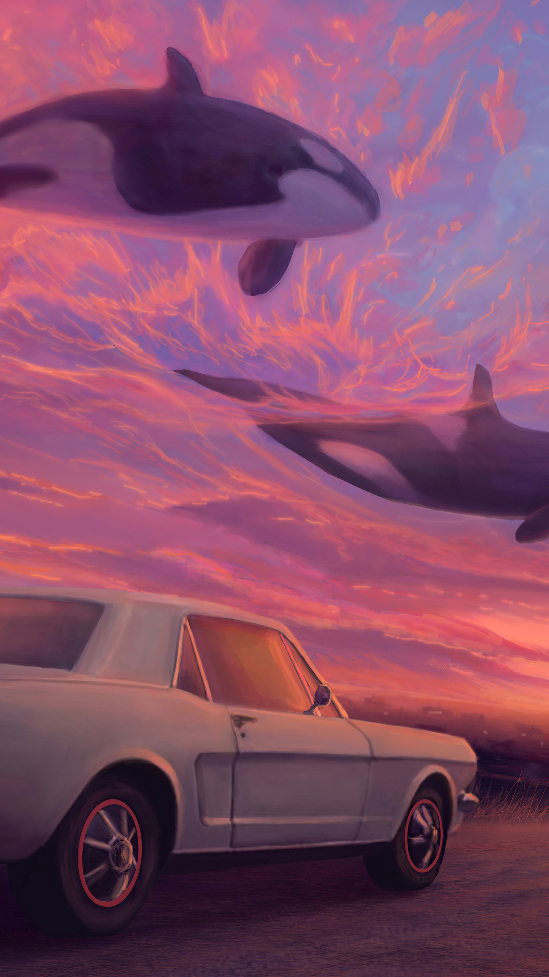 Orcas swimming in a surreal sunset sky above a classic car HD Phone Wallpaper