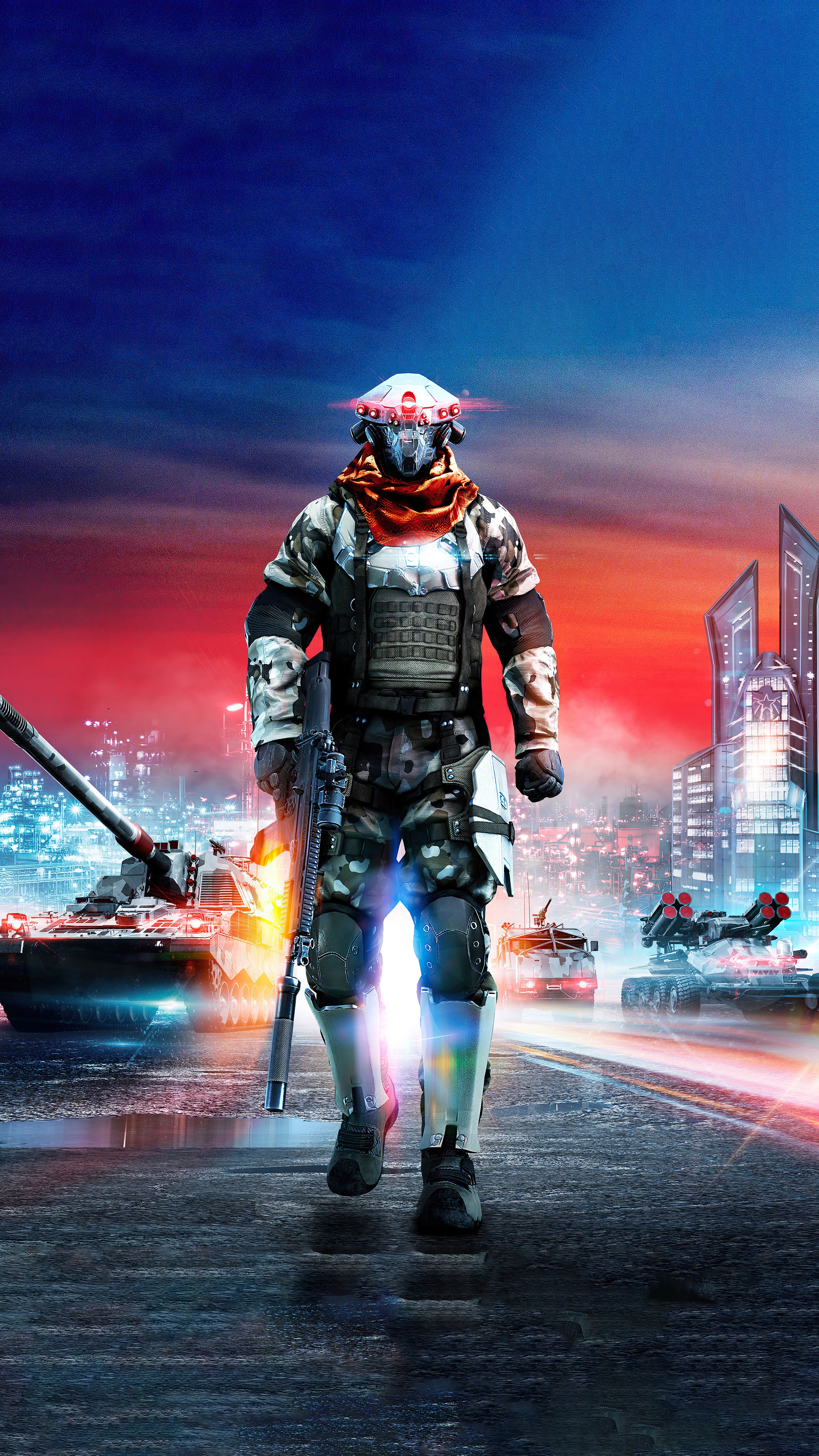 Soldier with futuristic helmet and rifle in a city at dusk HD Phone Wallpaper