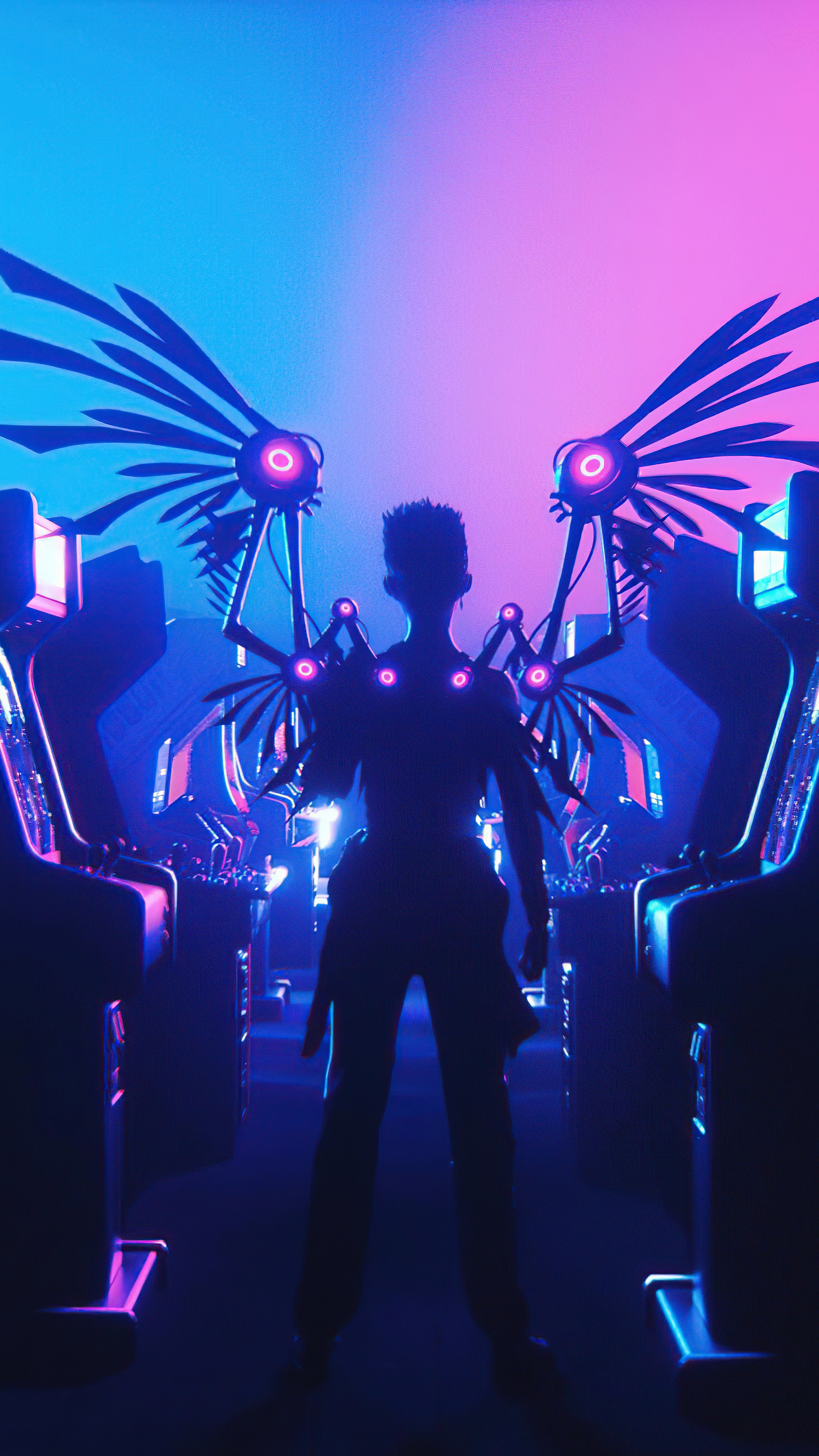Silhouette with mechanical wings in arcade HD Phone Wallpaper