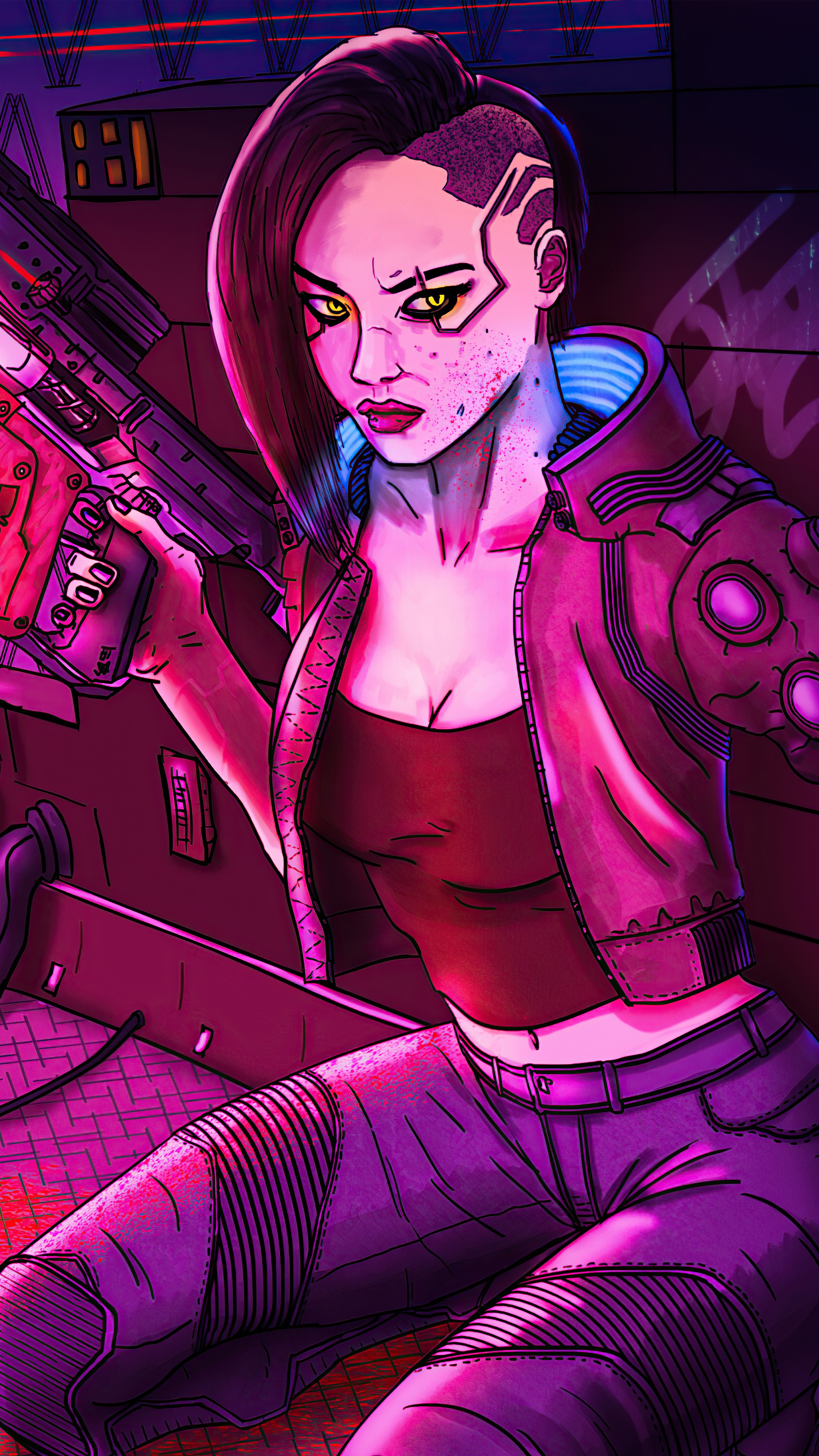 Female character with cybernetic implants holding a gun HD Phone Wallpaper