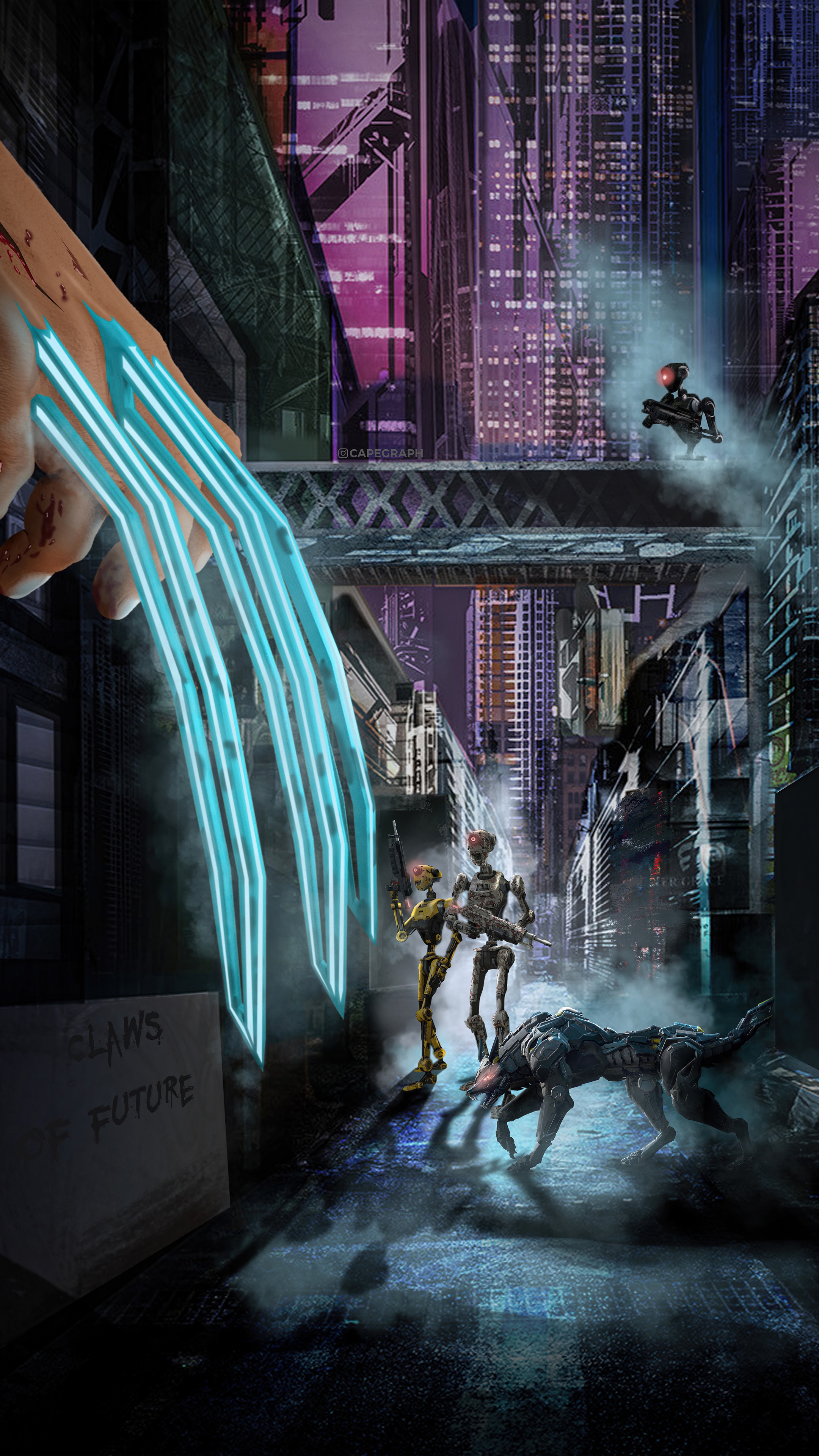 Cyberpunk scene with robotic figures and a hand with glowing claws HD Phone Wallpaper