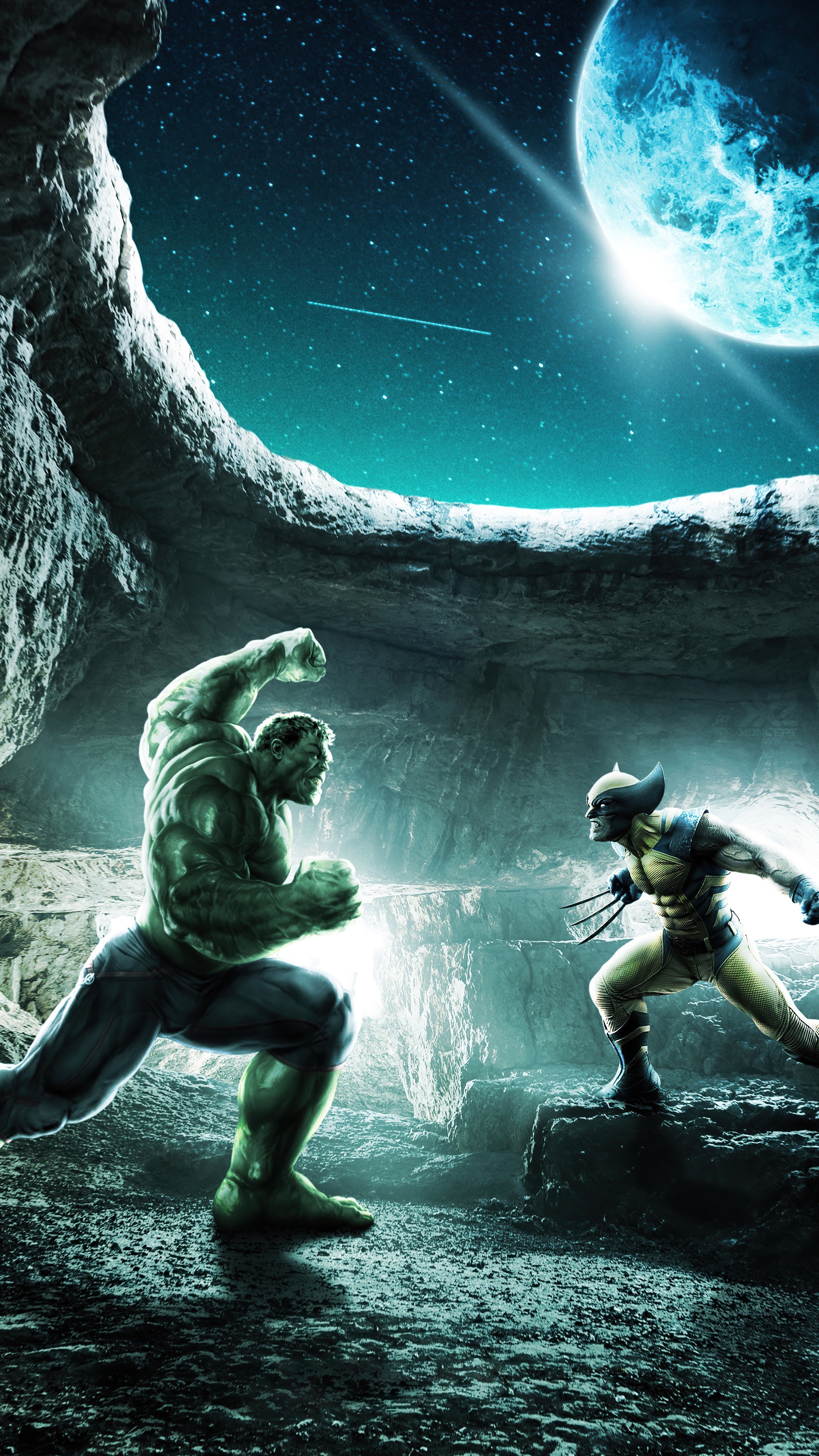 Hulk and Wolverine fighting in a cave under a planet HD Phone Wallpaper