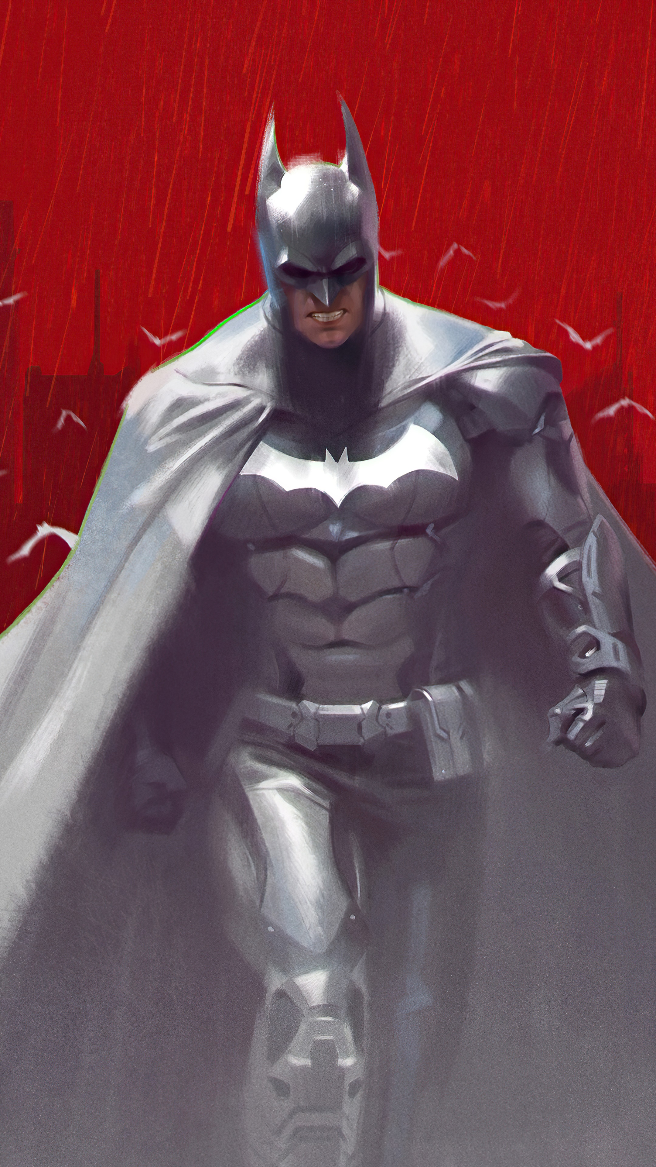 Batman in a white and grey suit with a red background HD Phone Wallpaper