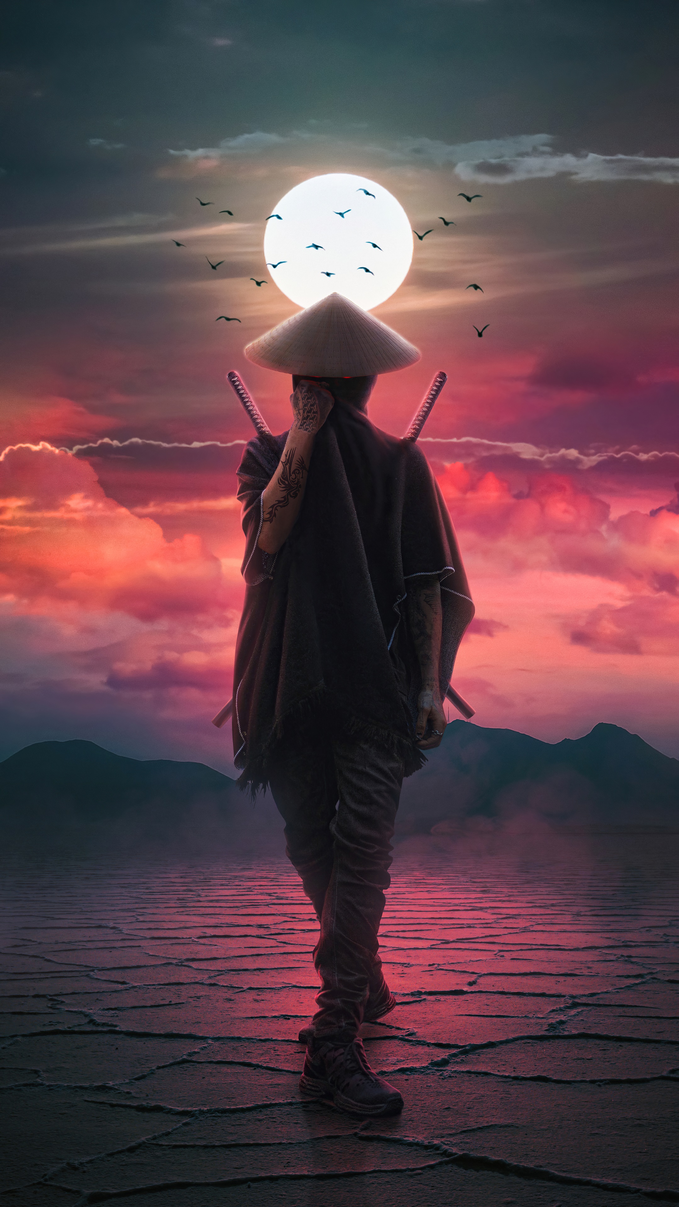 Samurai warrior with swords at sunset HD Phone Wallpaper
