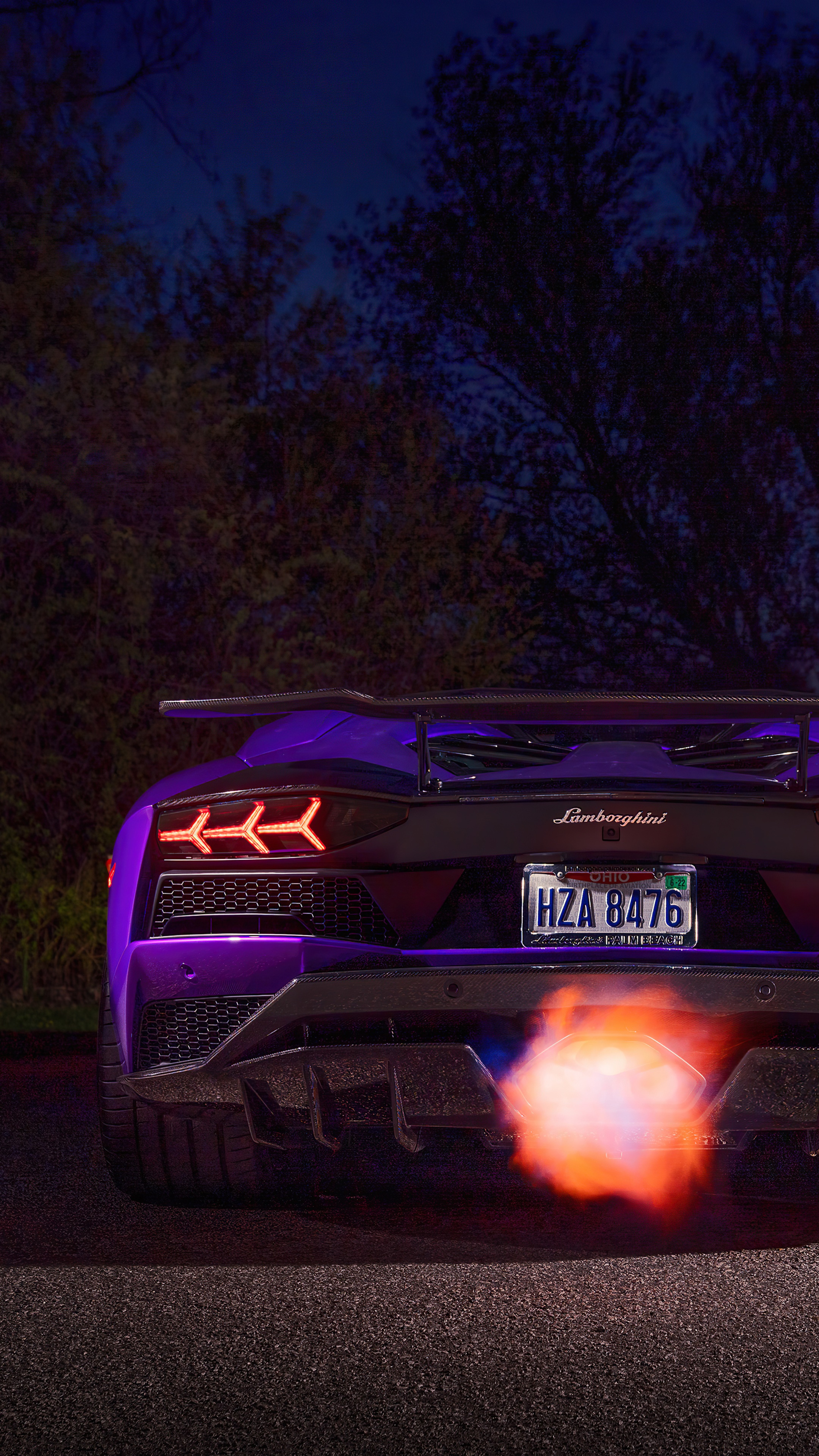 Purple Lamborghini Aventador with flames from exhaust HD Phone Wallpaper