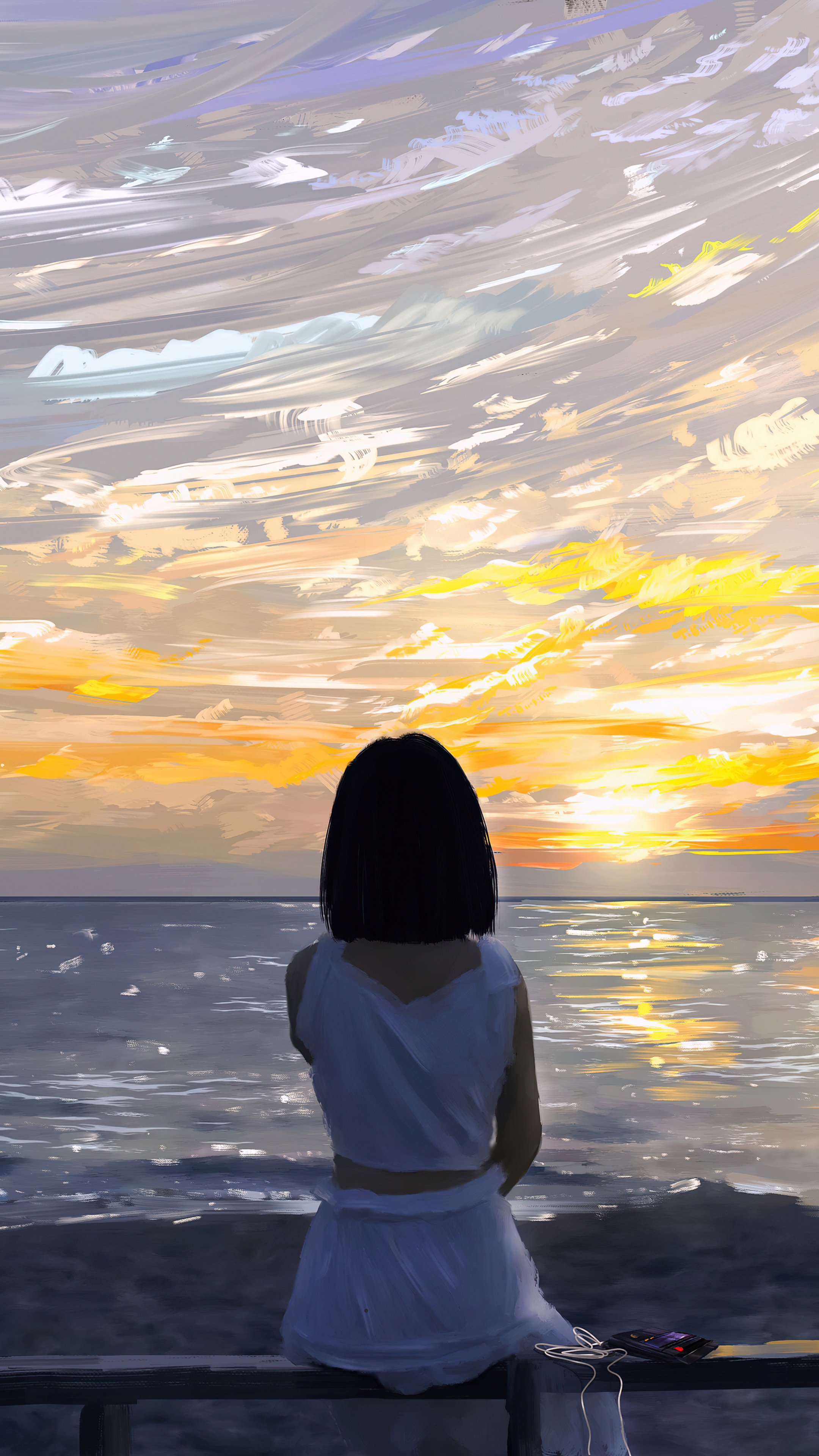 Artwork of a girl watching the sunset over the ocean HD Phone Wallpaper