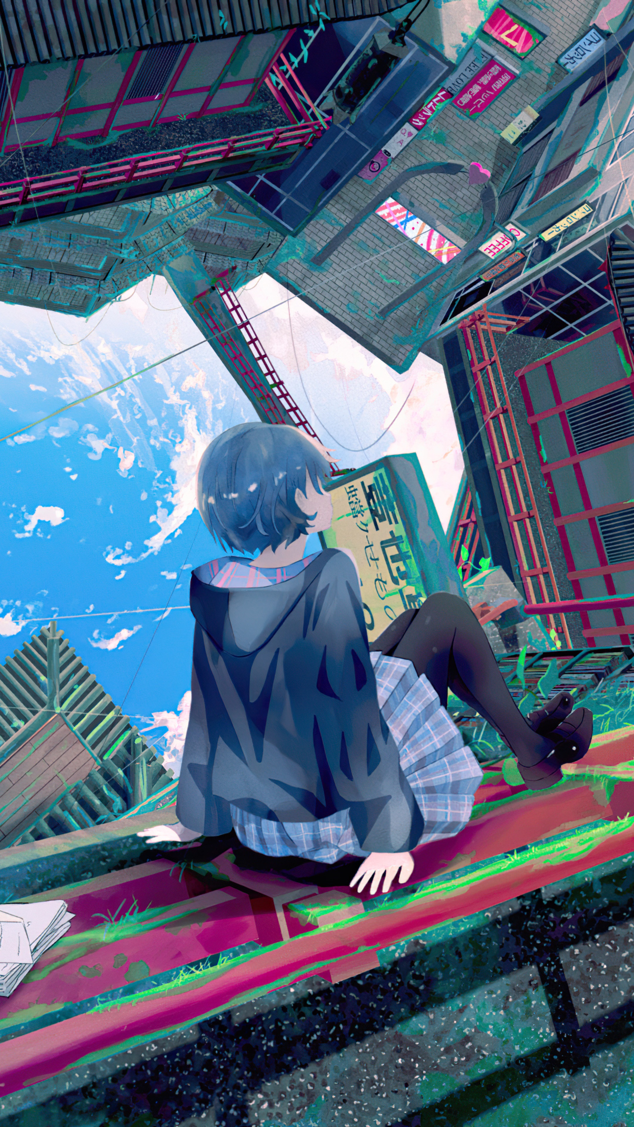 Anime girl sitting on a rooftop overlooking a city HD Phone Wallpaper