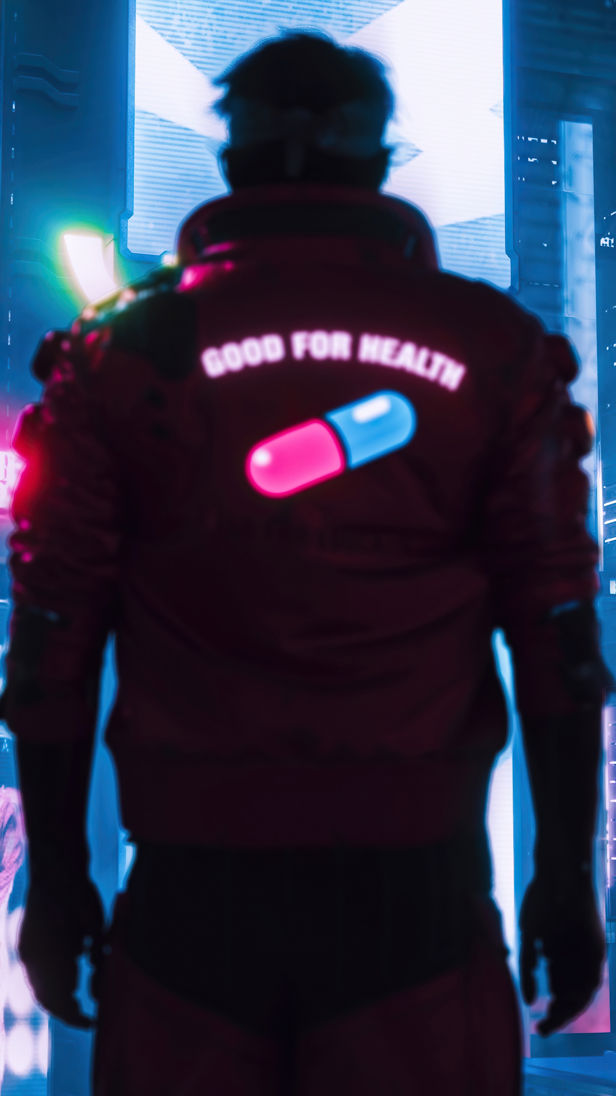 Man in jacket with pill logo from Cyberpunk 2077 HD Phone Wallpaper