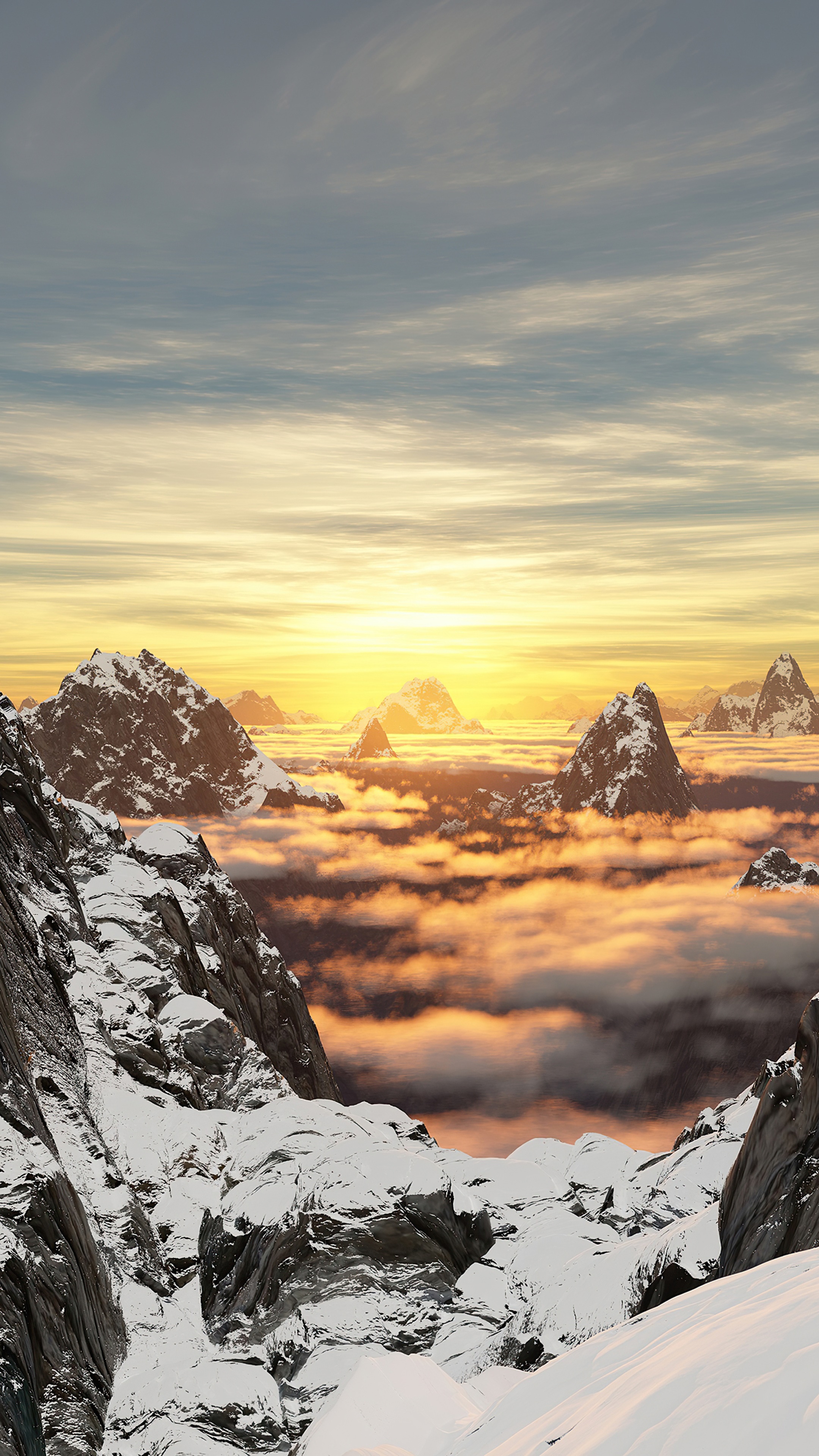 Snow-capped mountains above clouds at sunset 4K HD Phone Wallpaper