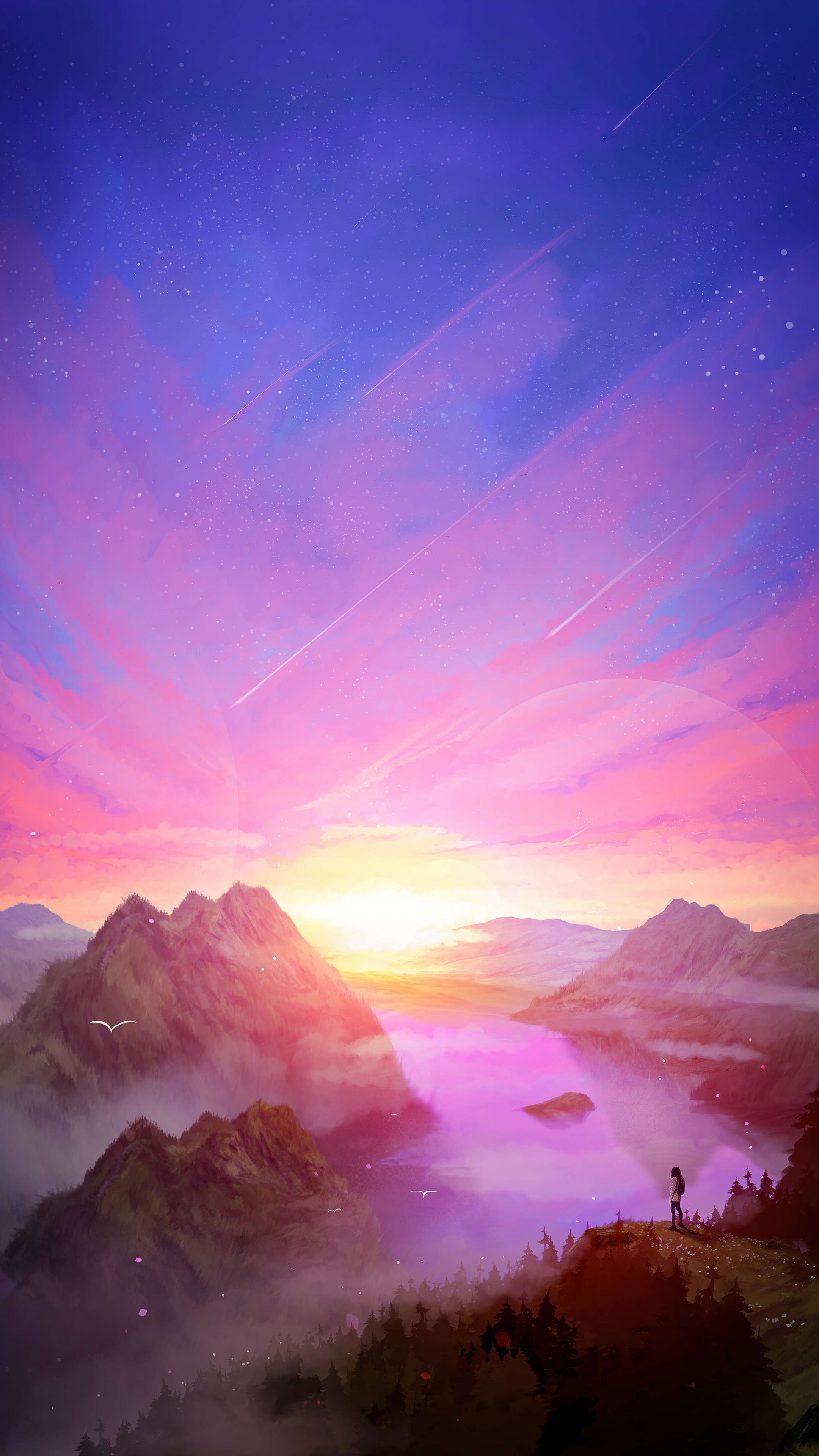 Digital art of a lone figure overlooking a mountain landscape at sunset HD Phone Wallpaper