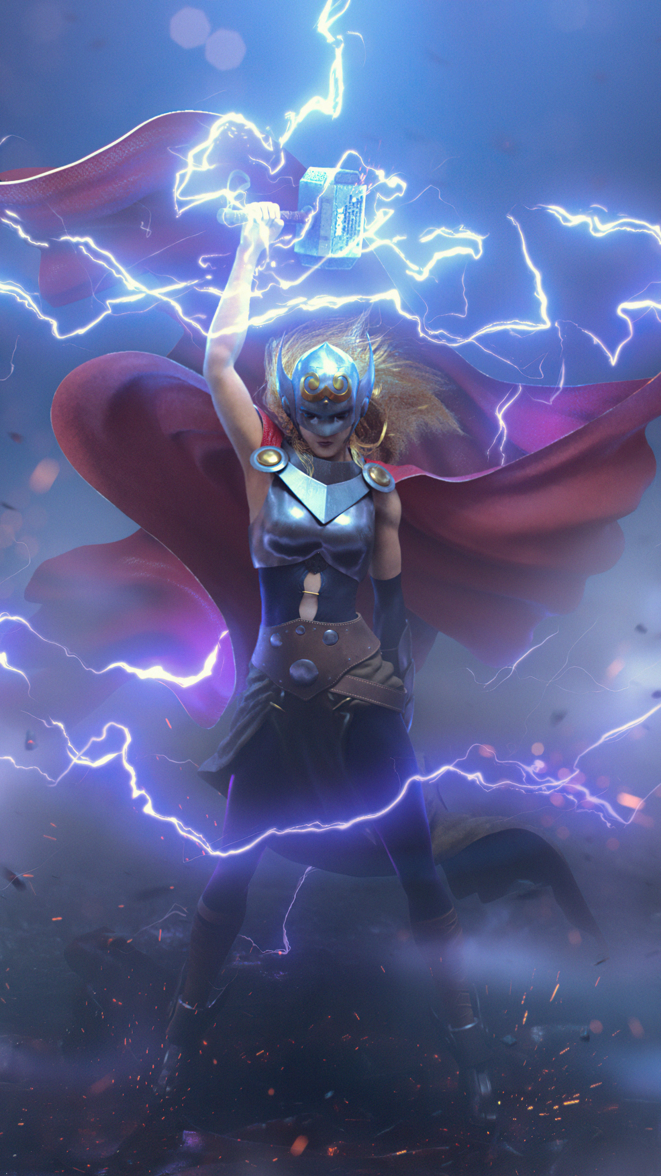 Jane Foster as Thor wielding Mjolnir with lightning HD Phone Wallpaper