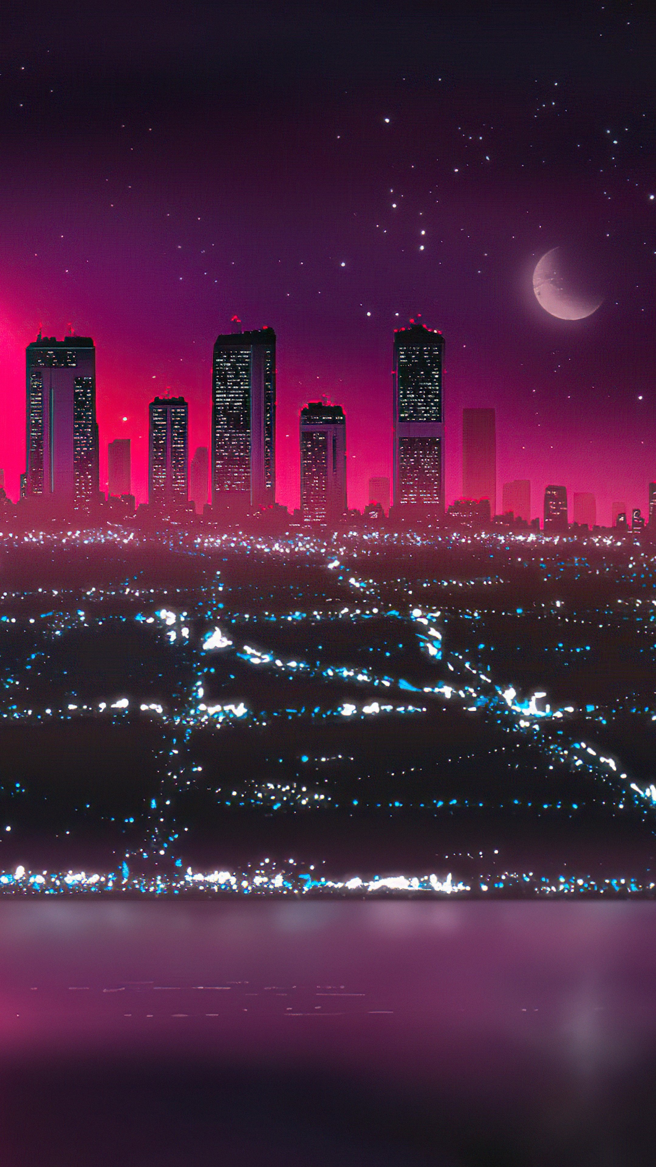 Retrowave cityscape with moon and stars HD Phone Wallpaper