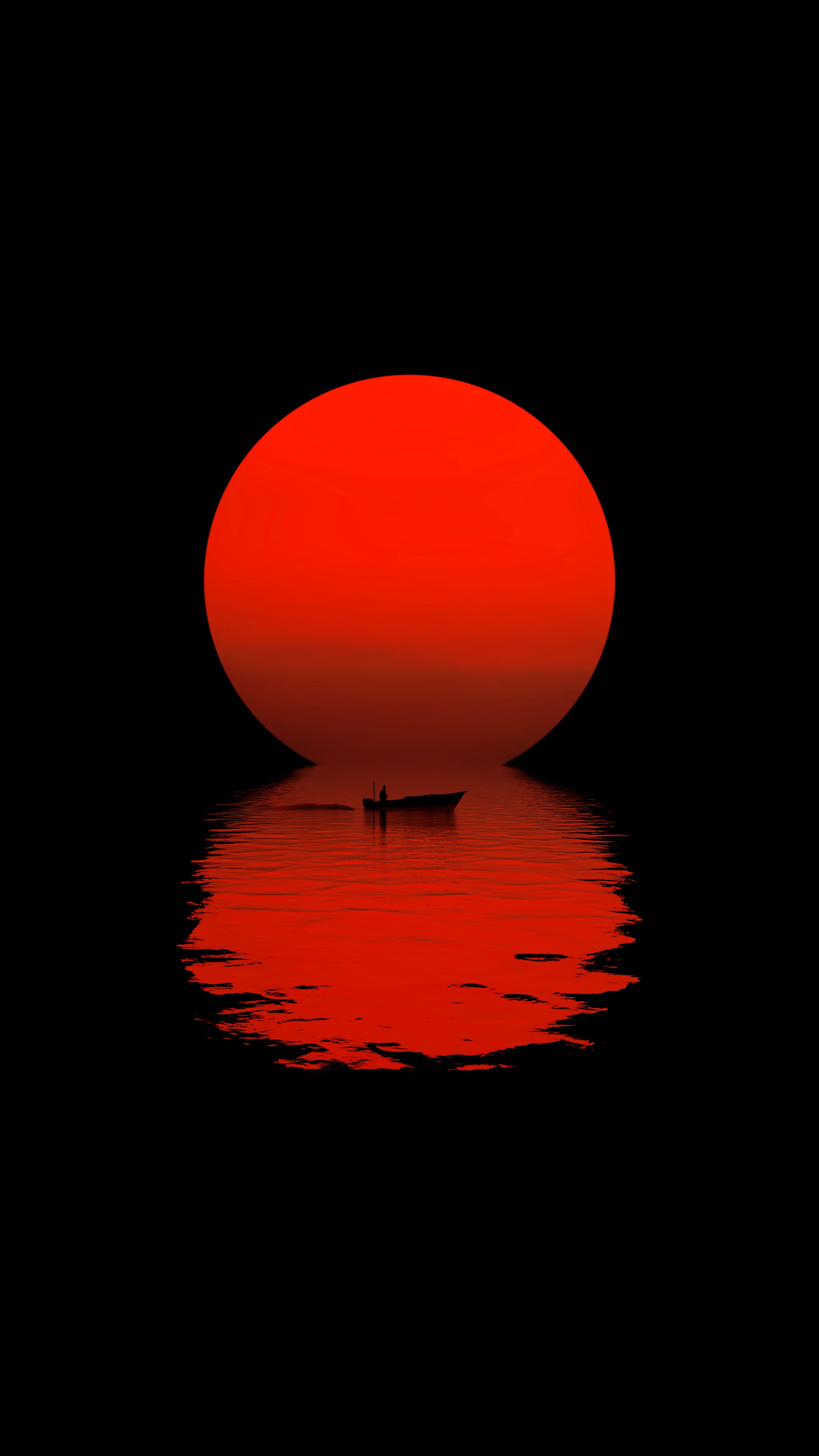 A lone boat on the water under a large red sun HD Phone Wallpaper