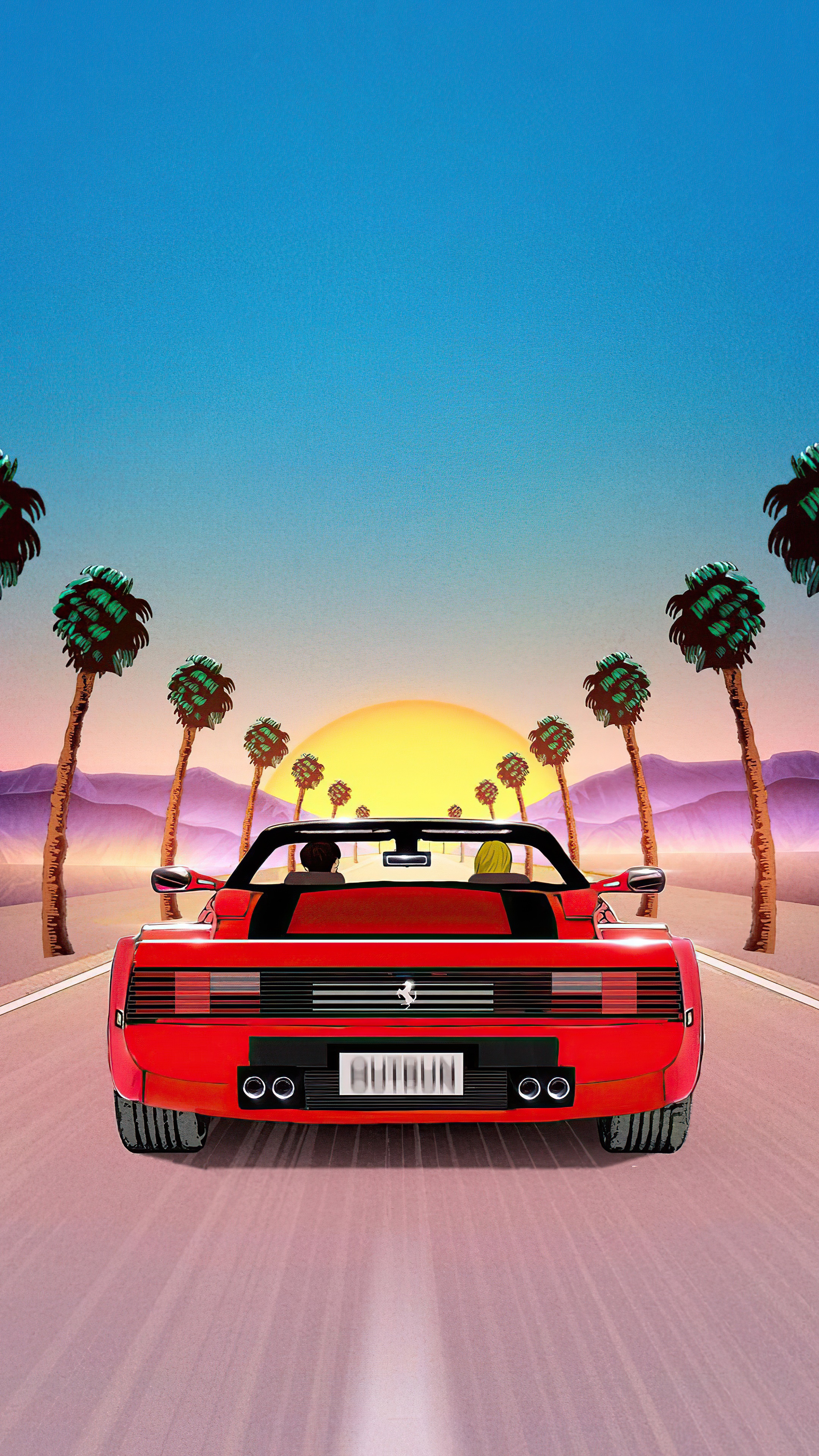 Red Ferrari driving on a road with palm trees at sunset HD Phone Wallpaper