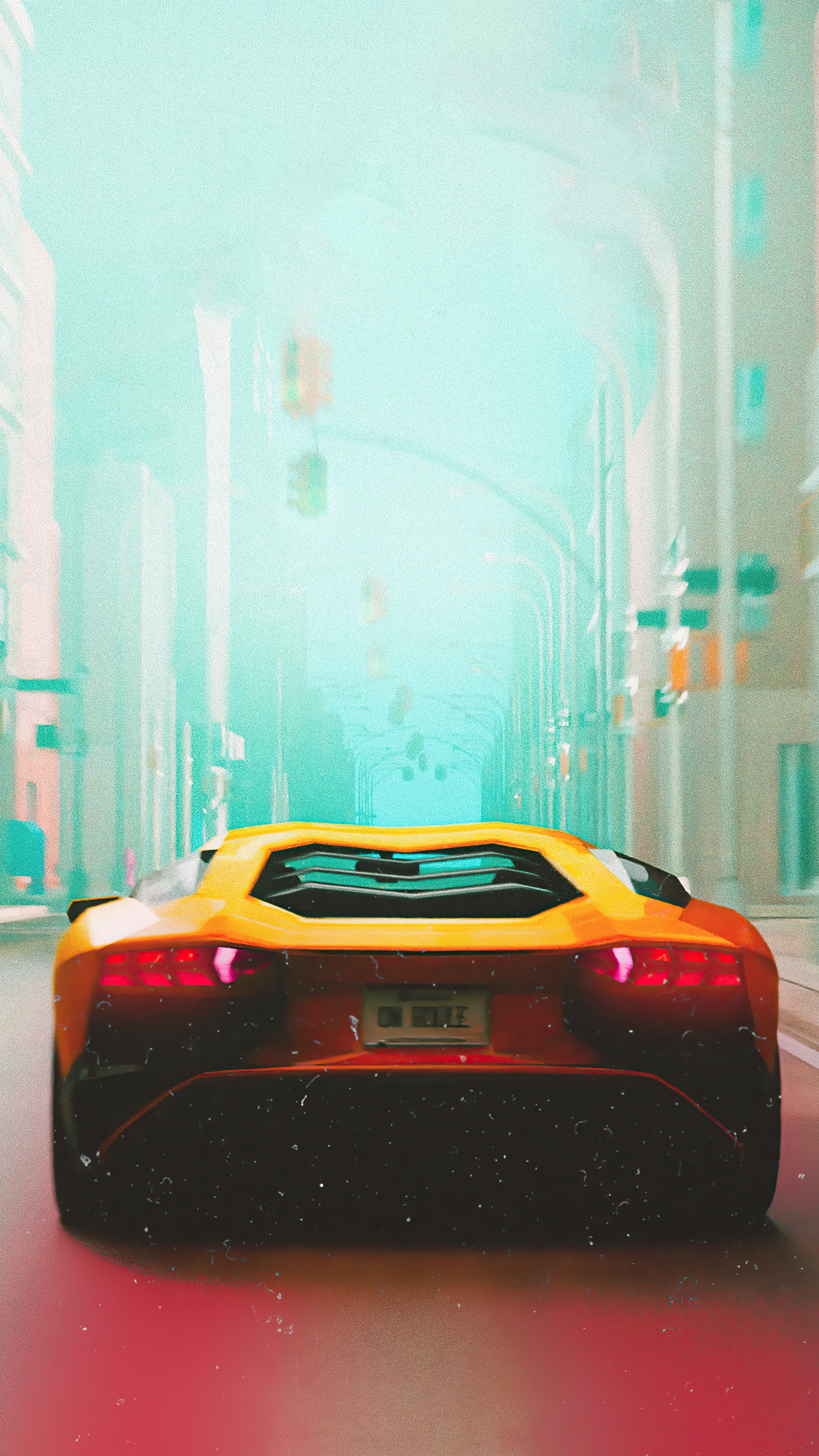 Orange Lamborghini Aventador driving down a city street HD Phone Wallpaper