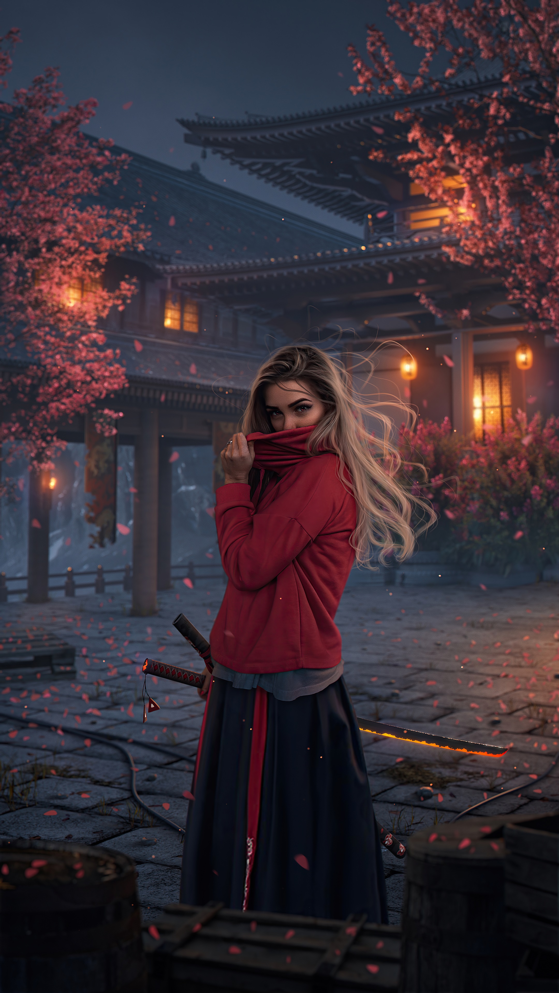 Woman in red jacket and skirt with swords in front of Japanese temple HD Phone Wallpaper