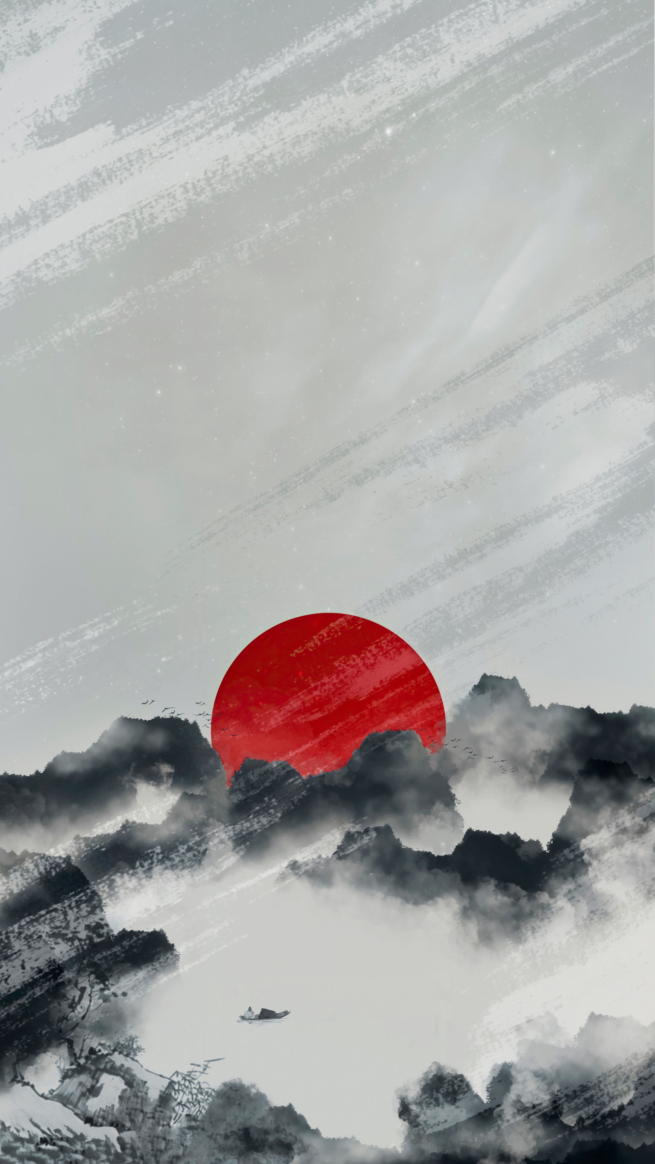 Ink wash painting of a red sun over mountains HD Phone Wallpaper