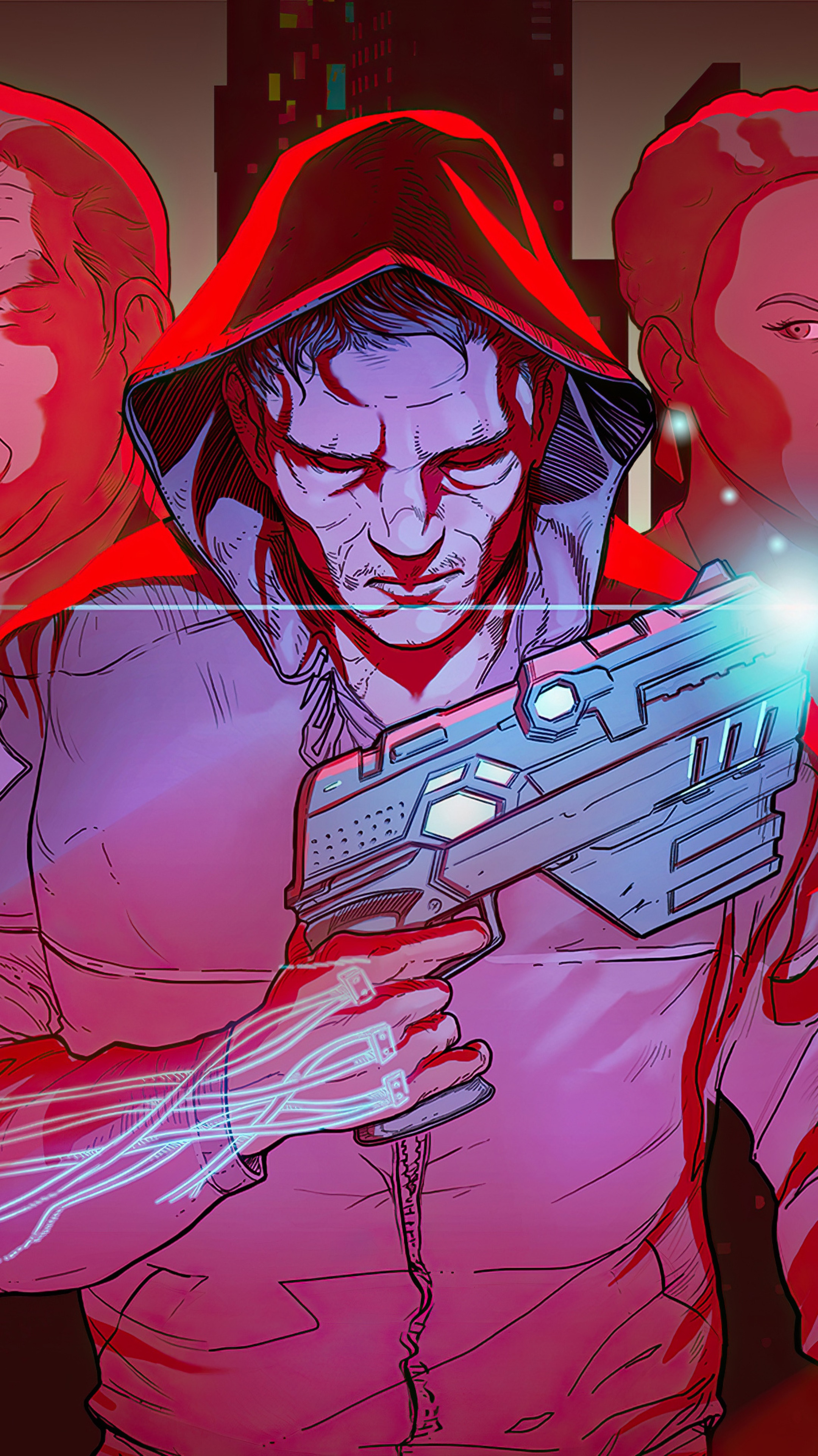 Man in hoodie holding futuristic gun HD Phone Wallpaper