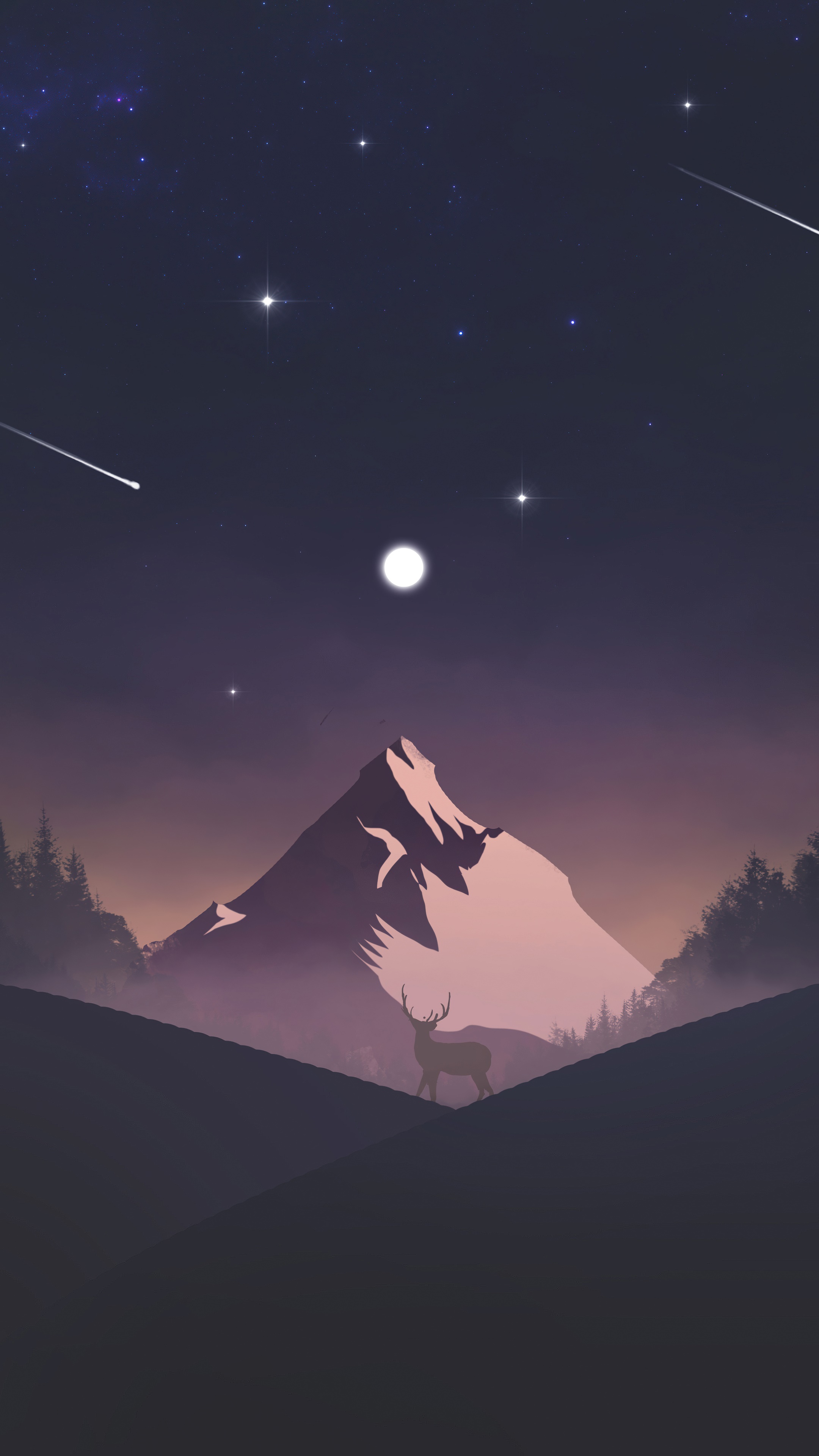 Minimalist mountain landscape with deer and shooting stars HD Phone Wallpaper