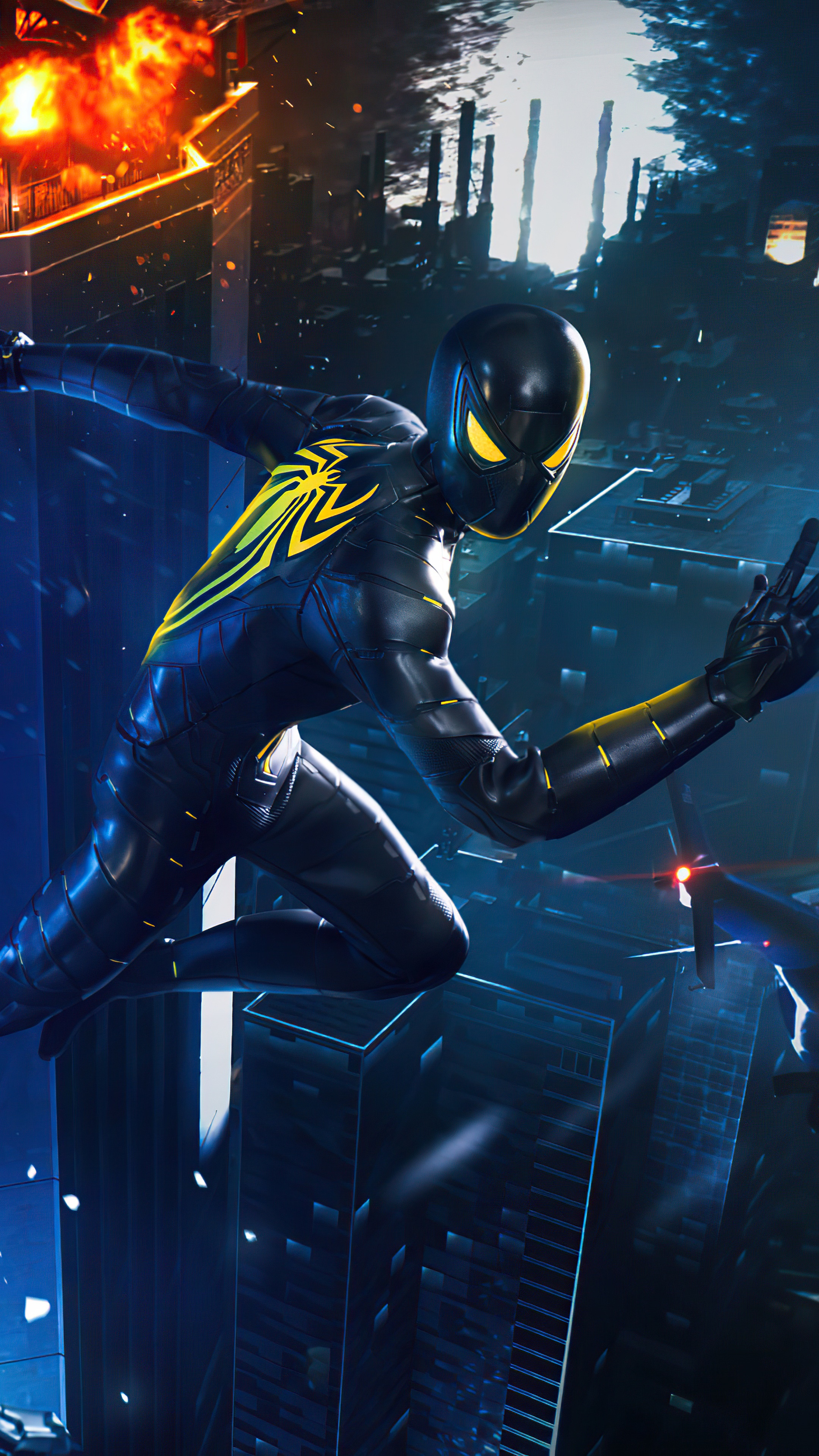 Spider-Man in Black Suit with Yellow Spider Emblem HD Phone Wallpaper