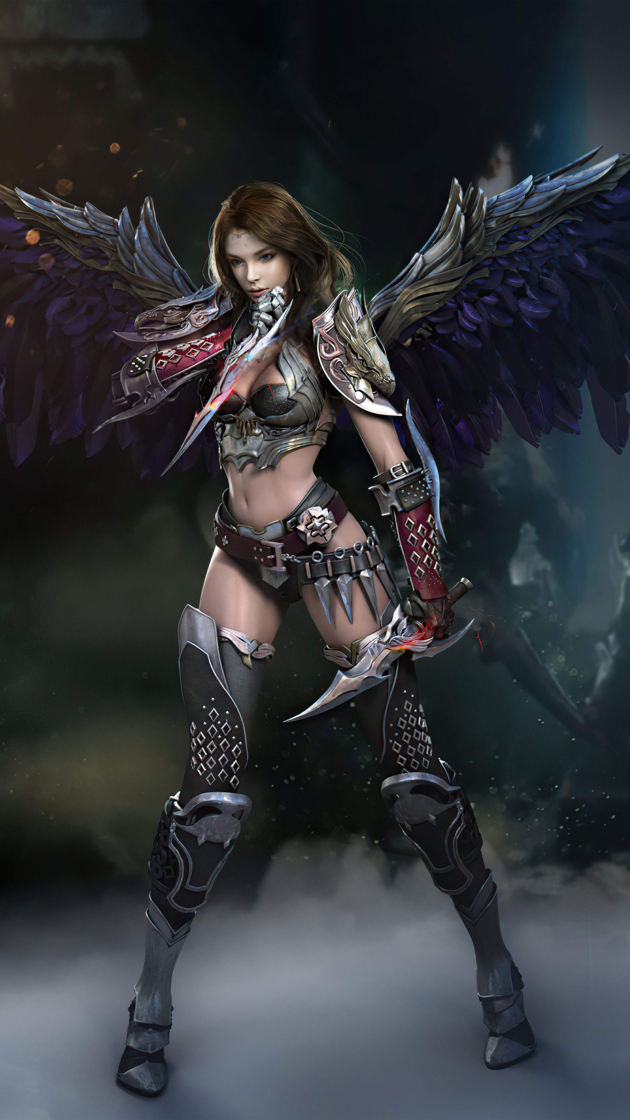 Warrior angel with dark wings and daggers HD Phone Wallpaper