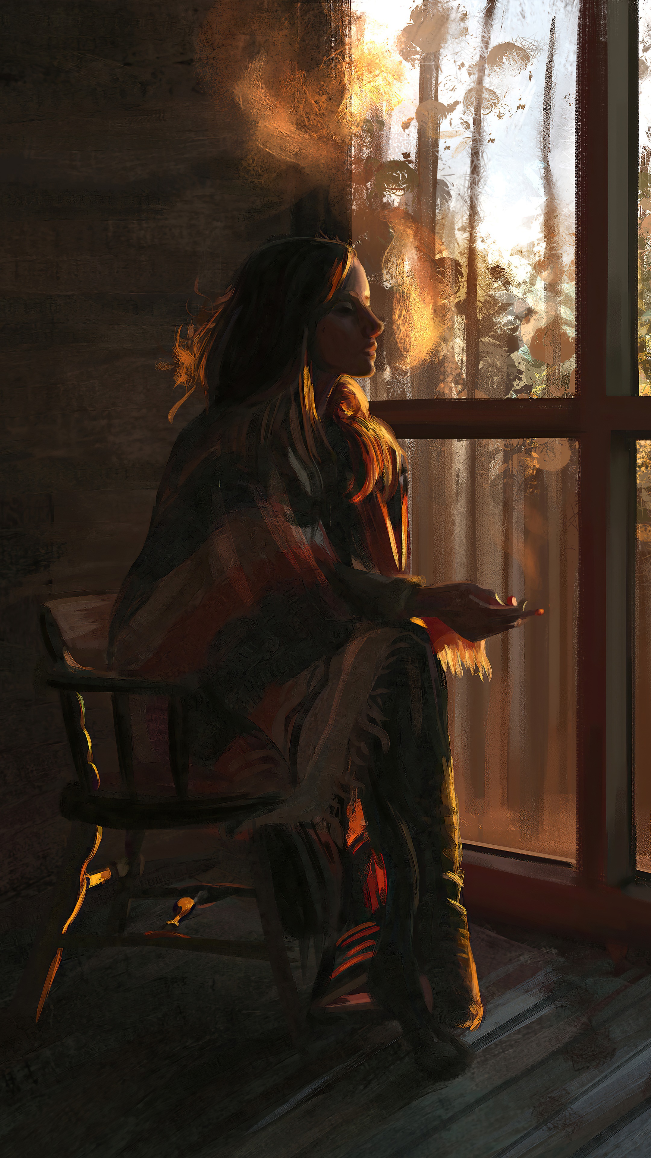 Woman sitting by the window HD Phone Wallpaper