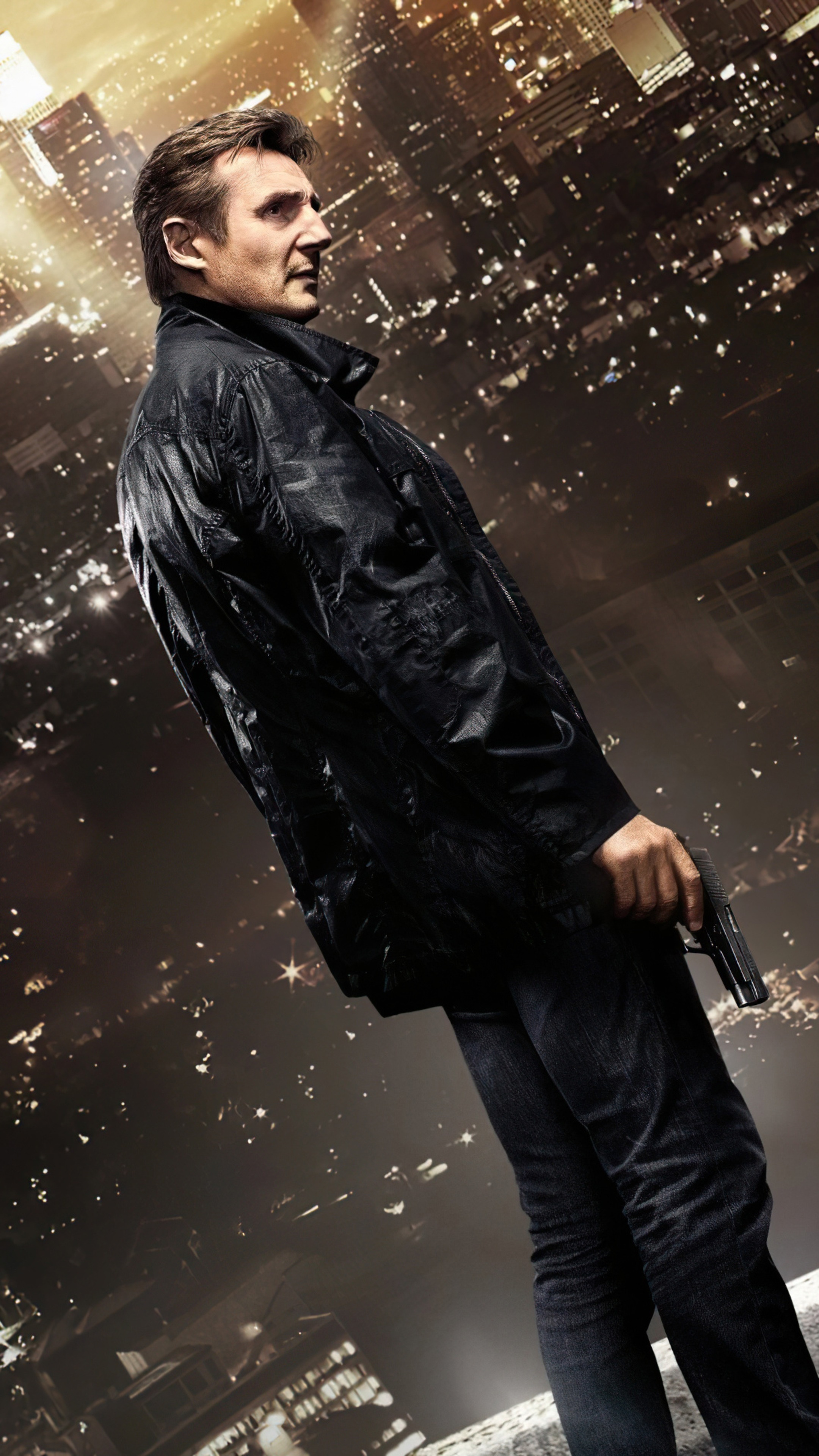 Liam Neeson in a black jacket holding a gun HD Phone Wallpaper