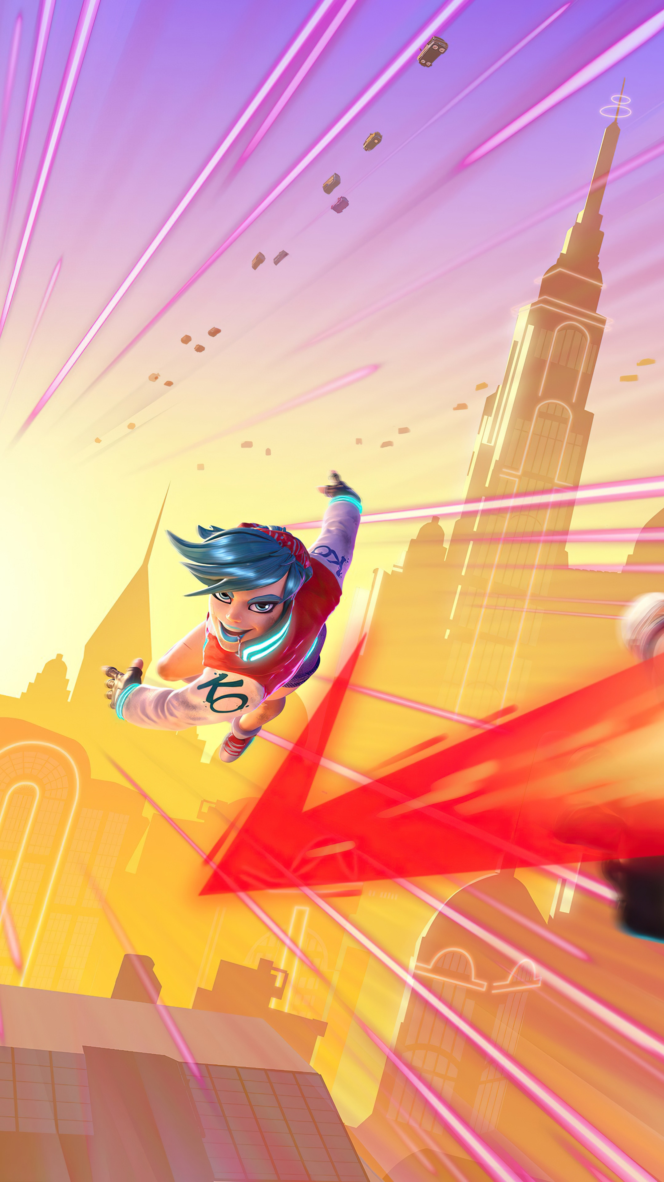 Knockout City character jumping with red arrow HD Phone Wallpaper