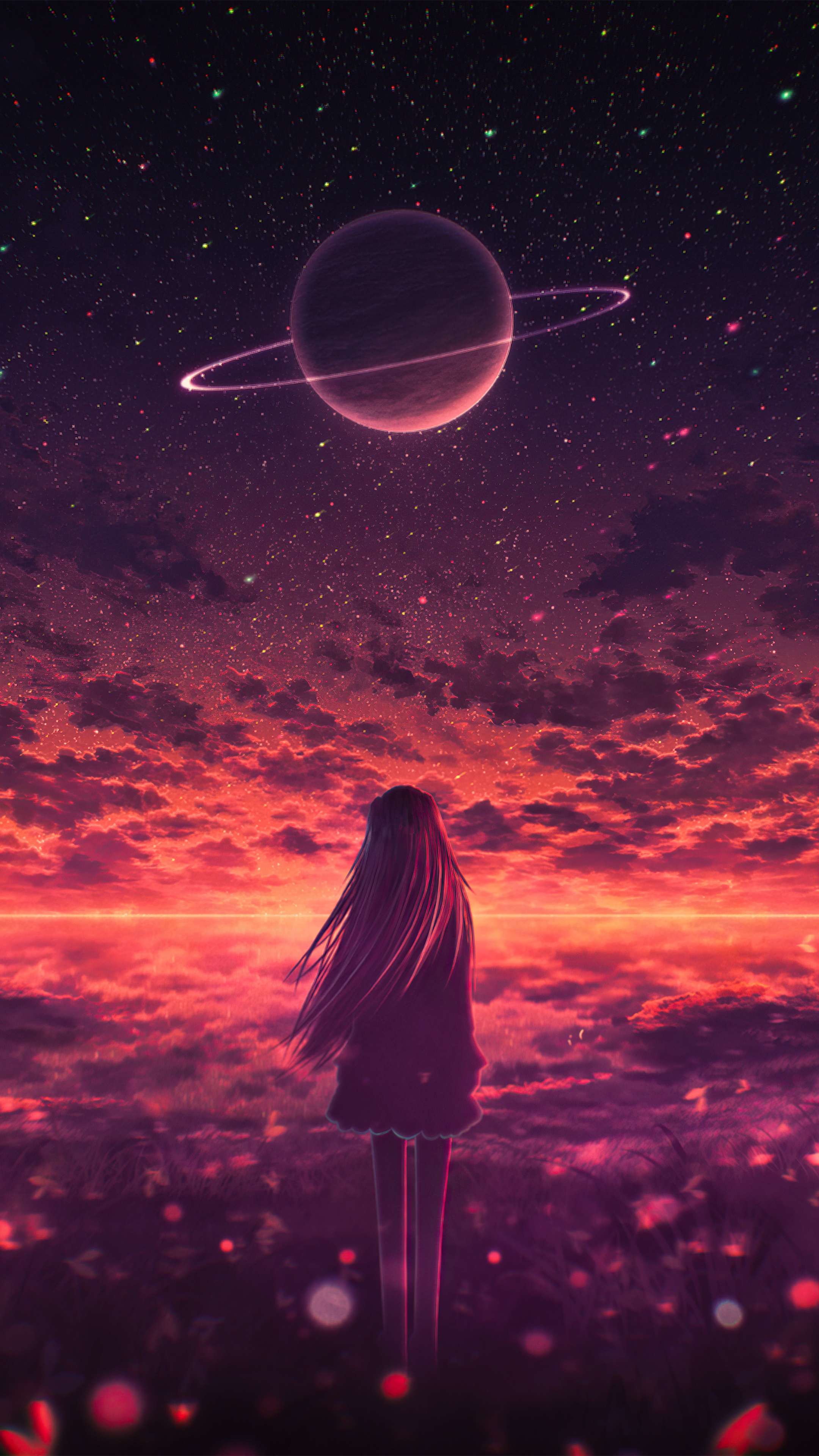 Anime girl looking at a ringed planet in the night sky HD Phone Wallpaper