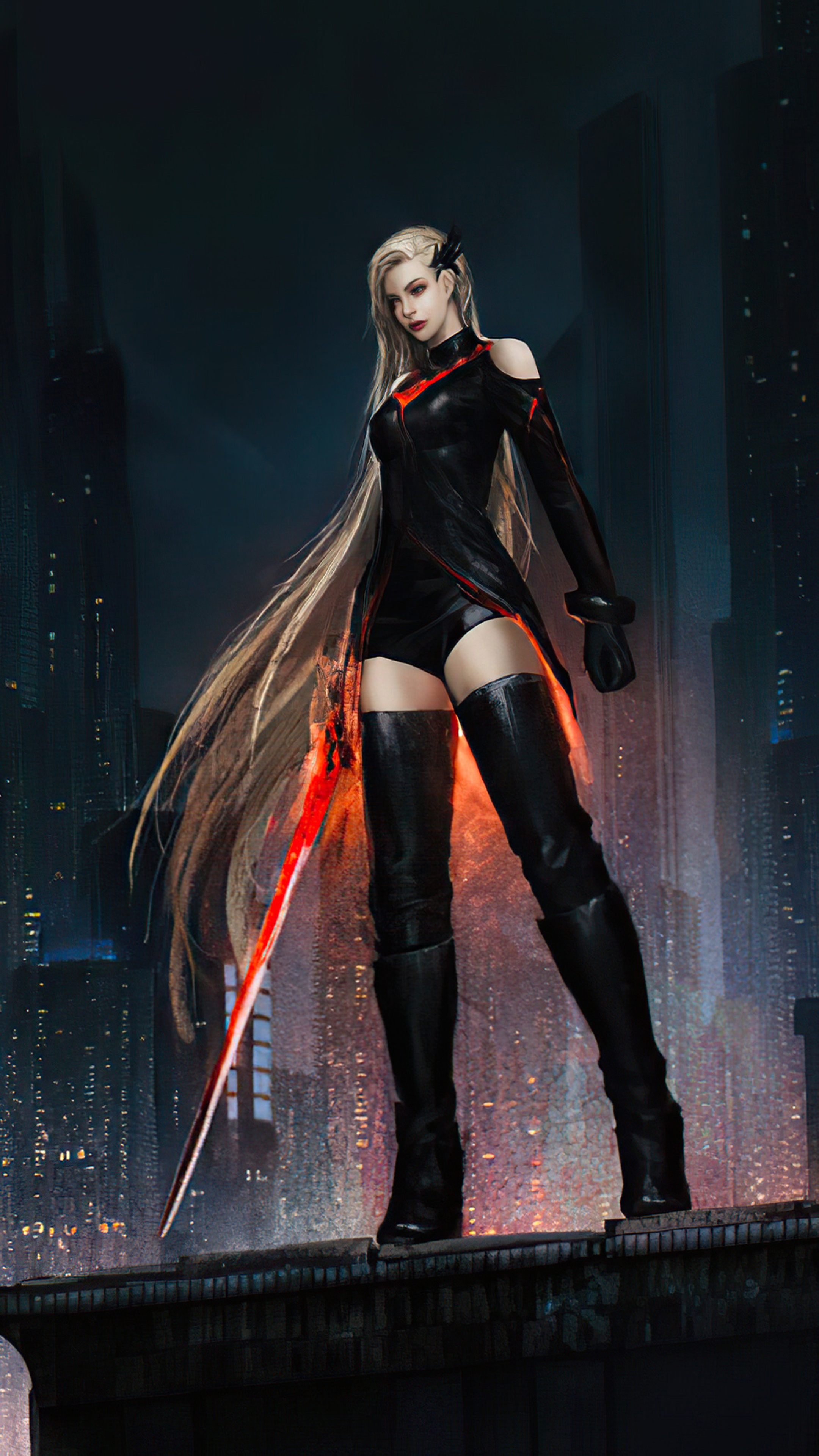 Woman with glowing sword in city at night HD Phone Wallpaper