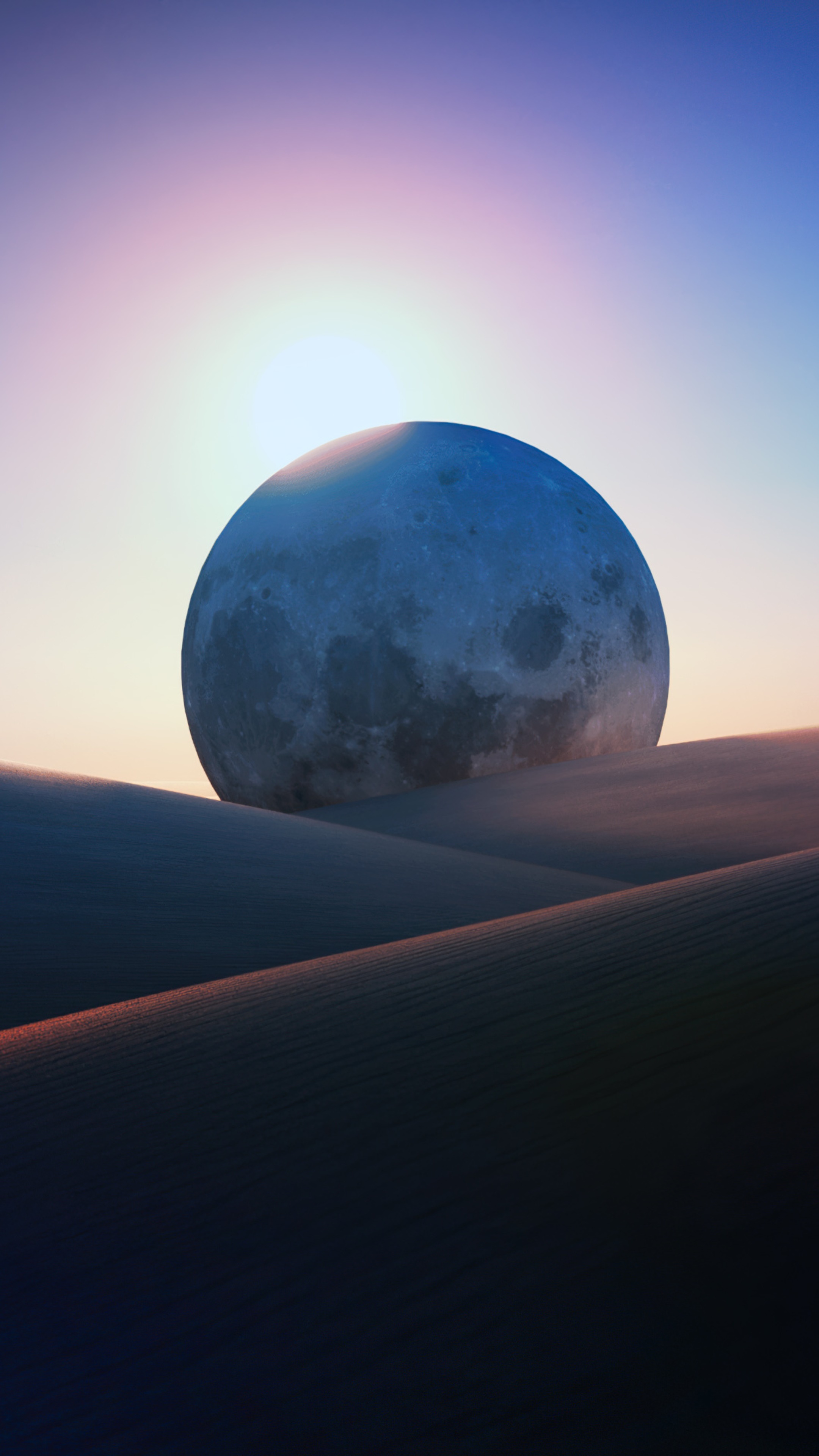 Moon over sand dunes at sunrise 4K HD Phone Wallpaper