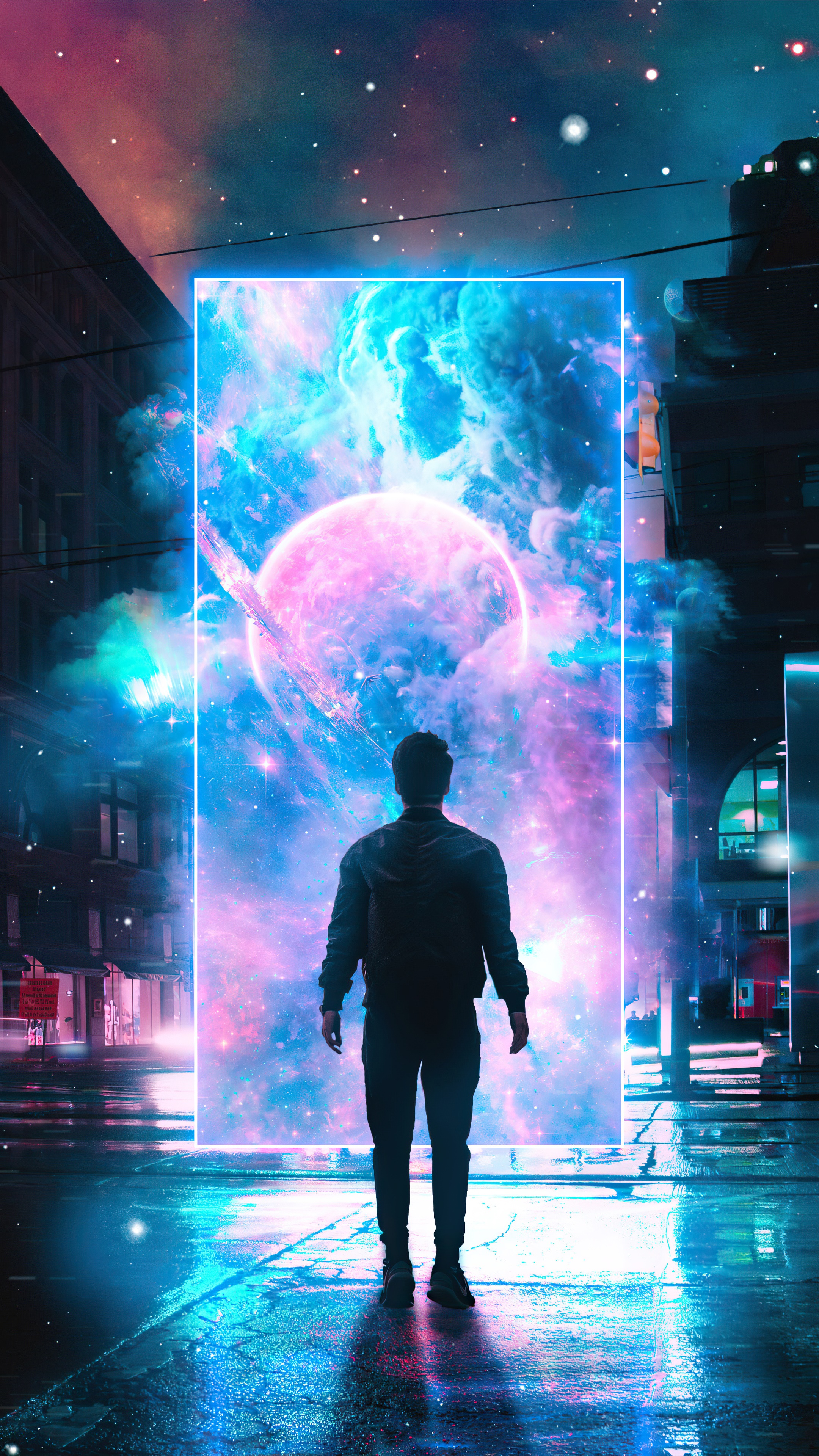 Man in front of a glowing portal to space HD Phone Wallpaper