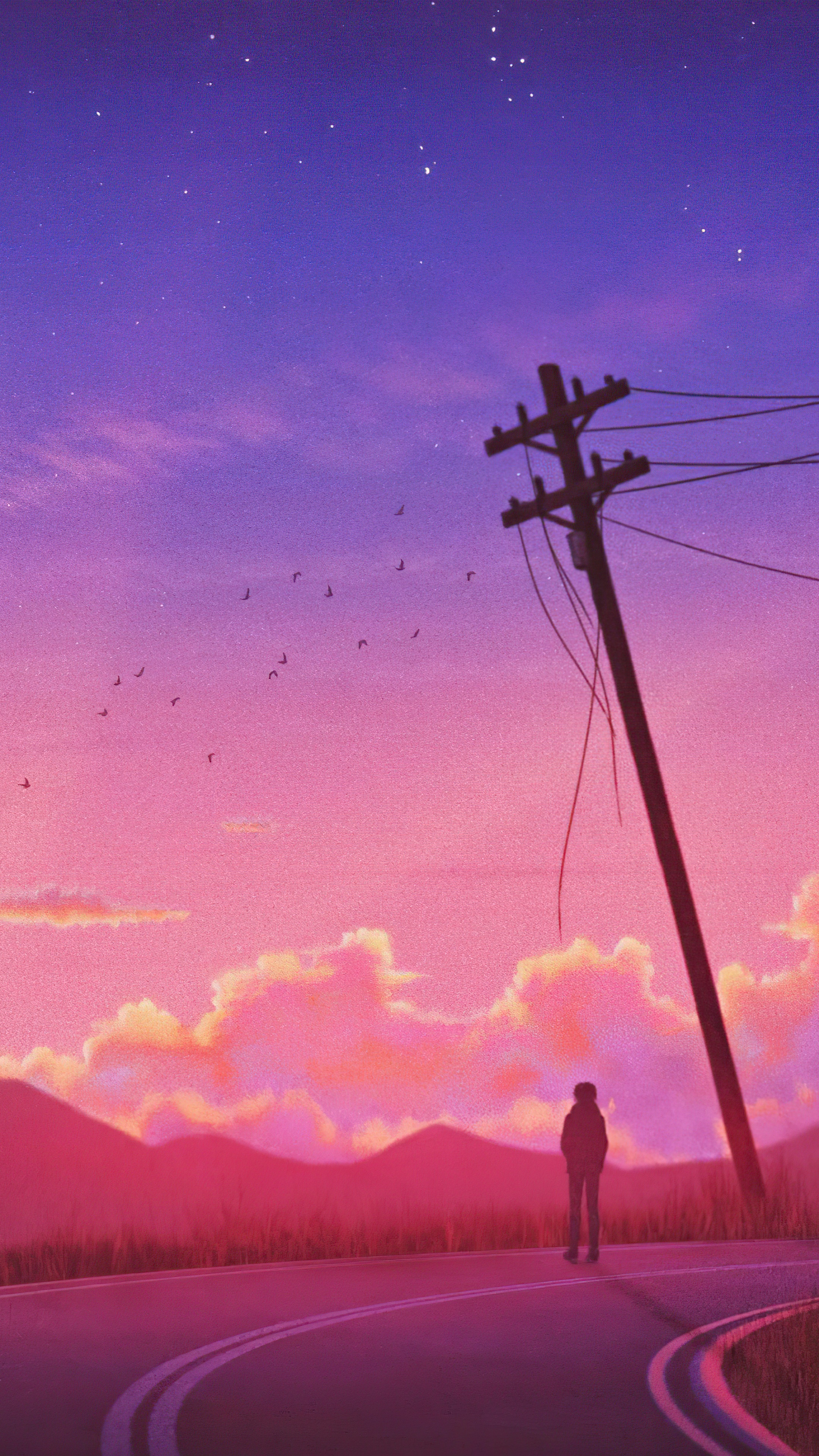 Digital art of a person by a telephone pole at sunset HD Phone Wallpaper