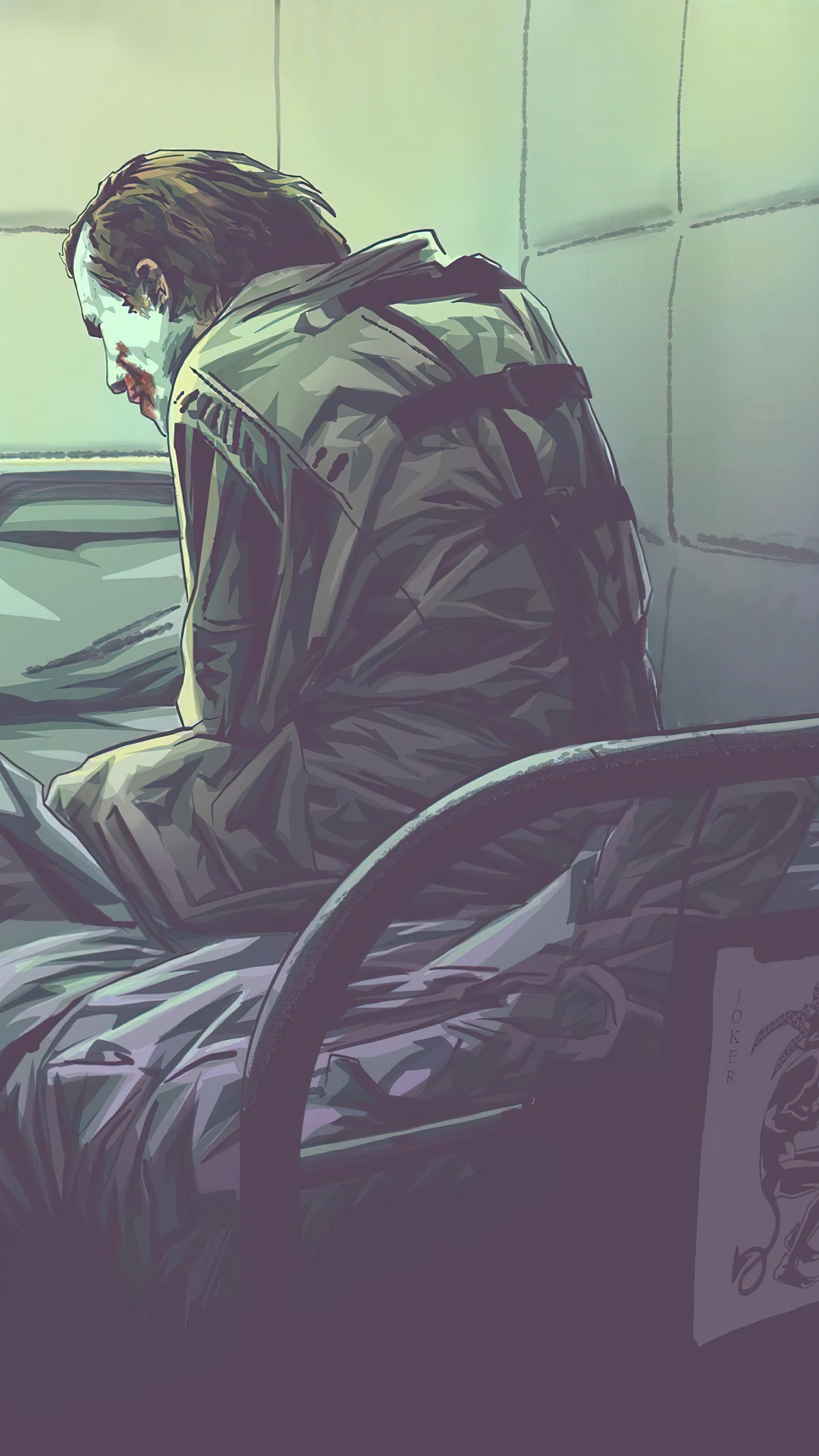 Joker from Batman sitting on a bed in a padded room HD Phone Wallpaper