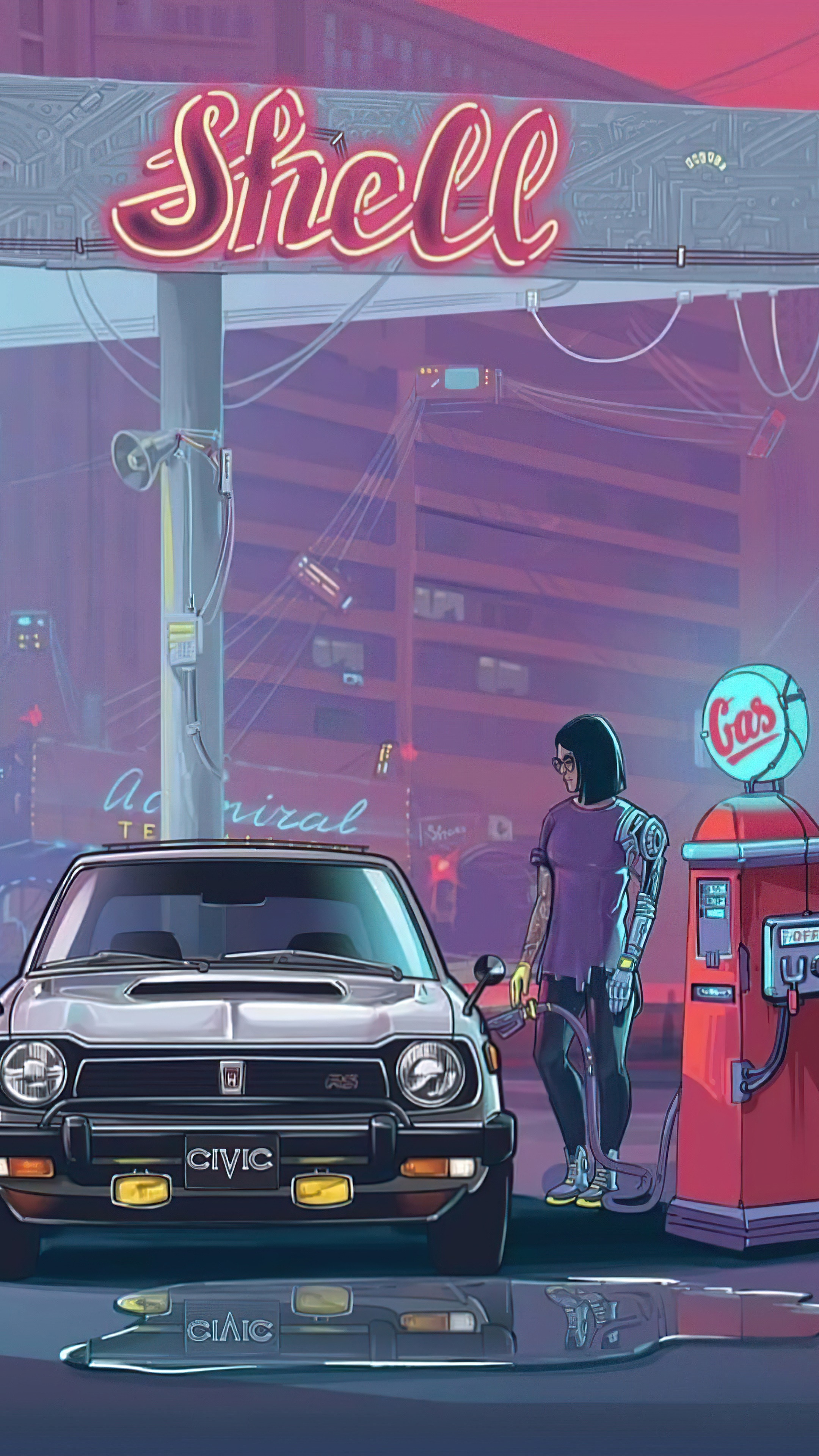 Cyberpunk Civic at Shell Gas Station HD Phone Wallpaper
