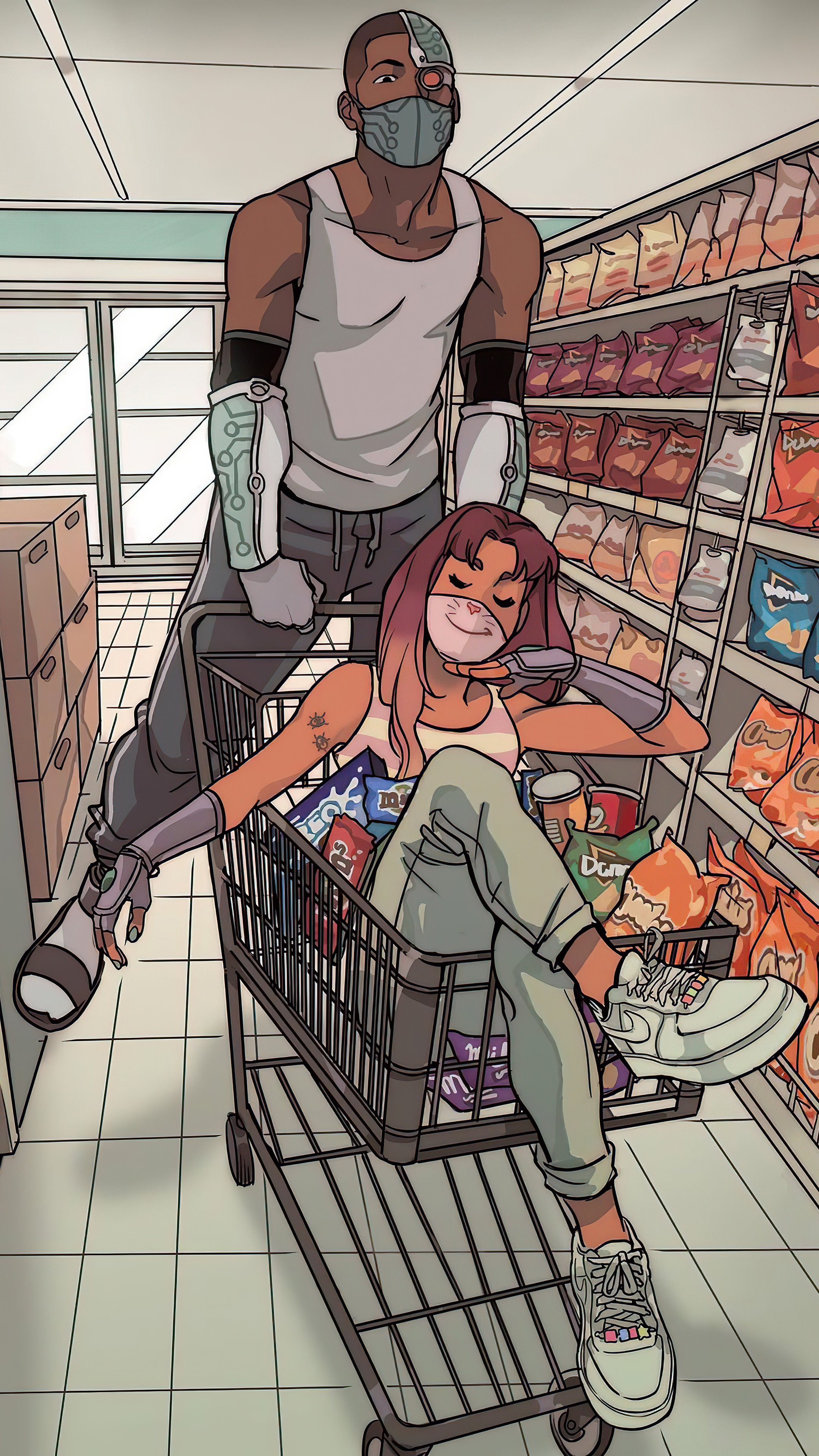 Cyborg and Starfire in a grocery store HD Phone Wallpaper