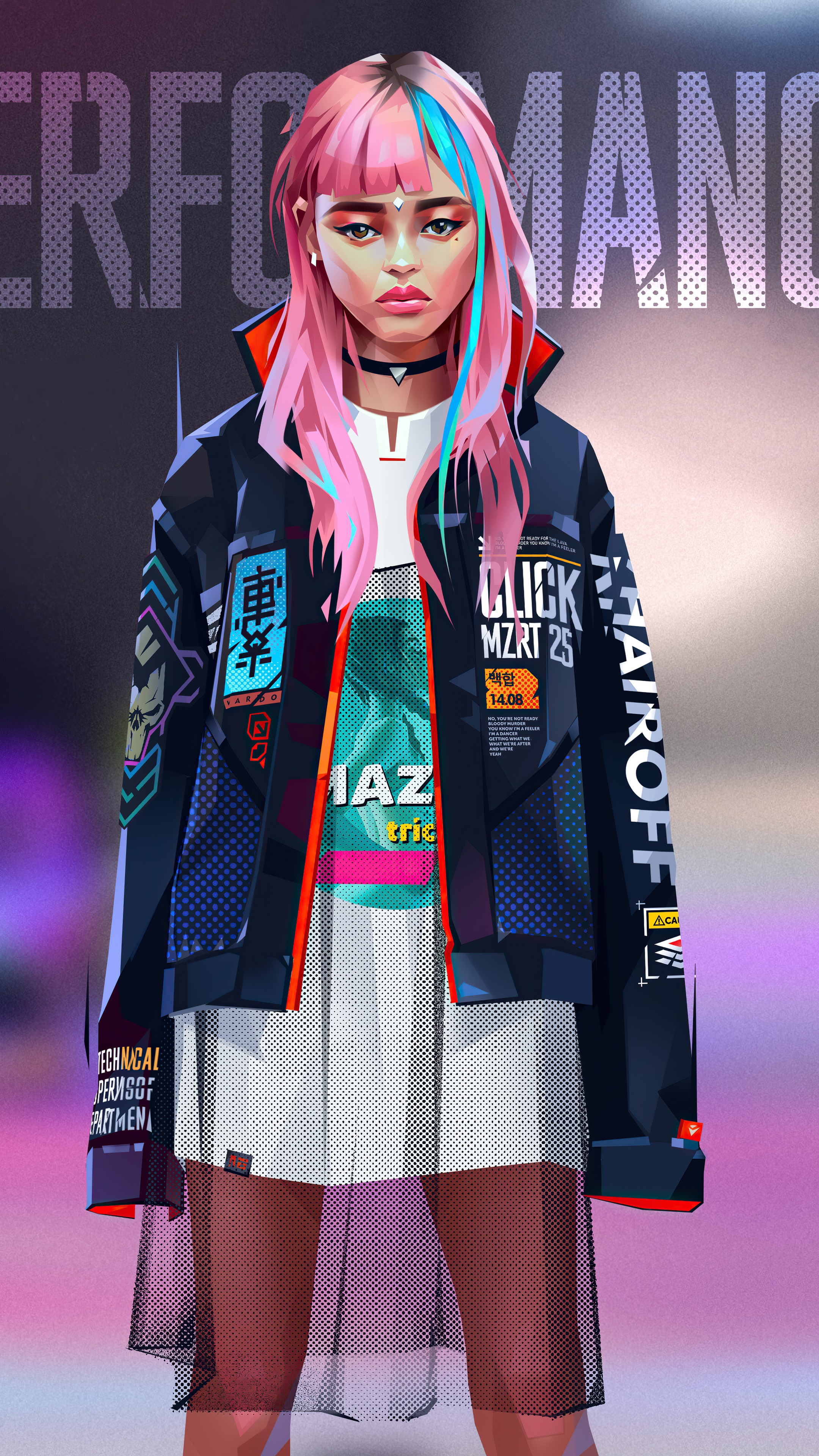 Artwork of a girl with pink and blue hair HD Phone Wallpaper