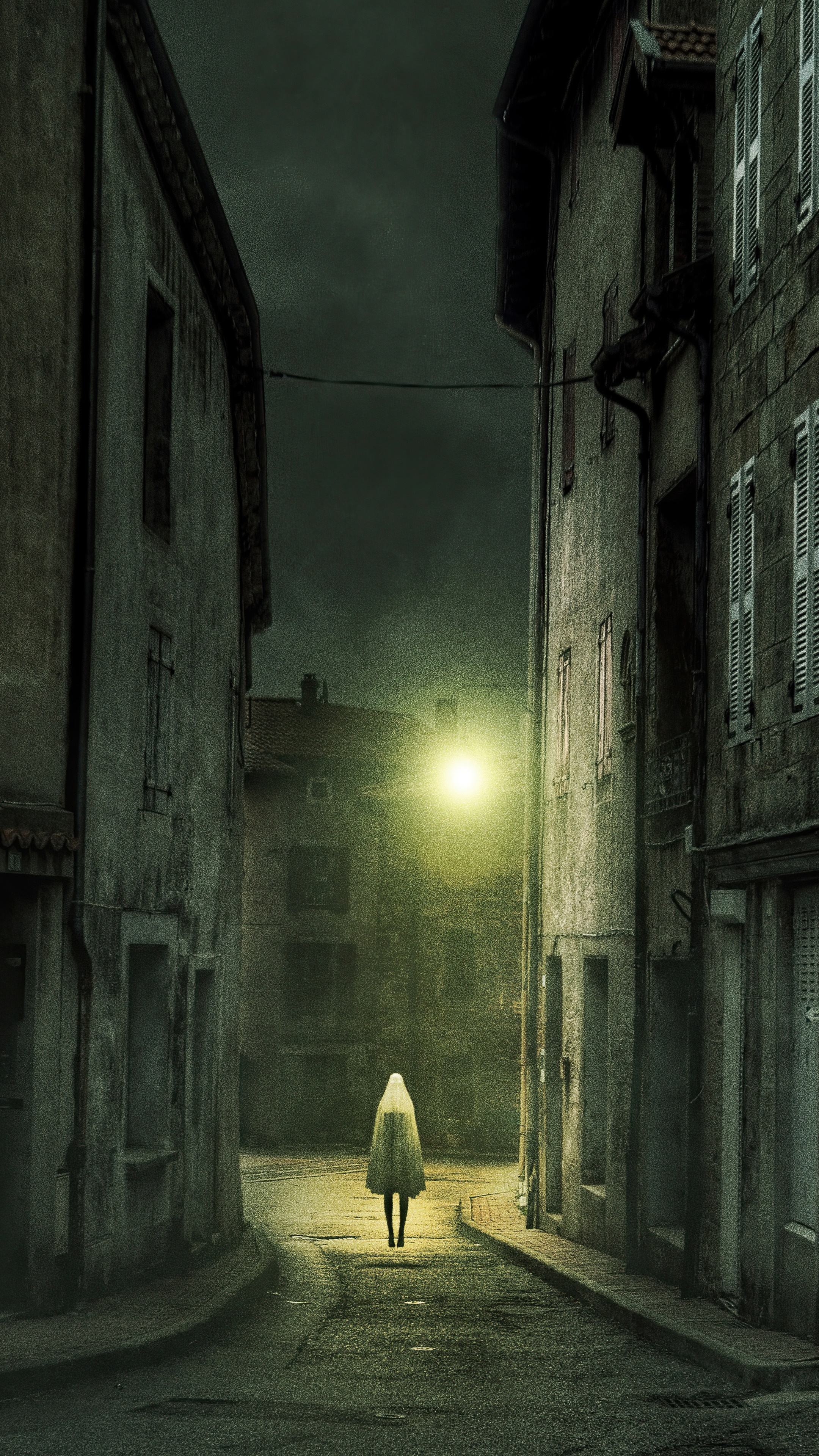 Figure in a white shroud walks down a dark alley HD Phone Wallpaper