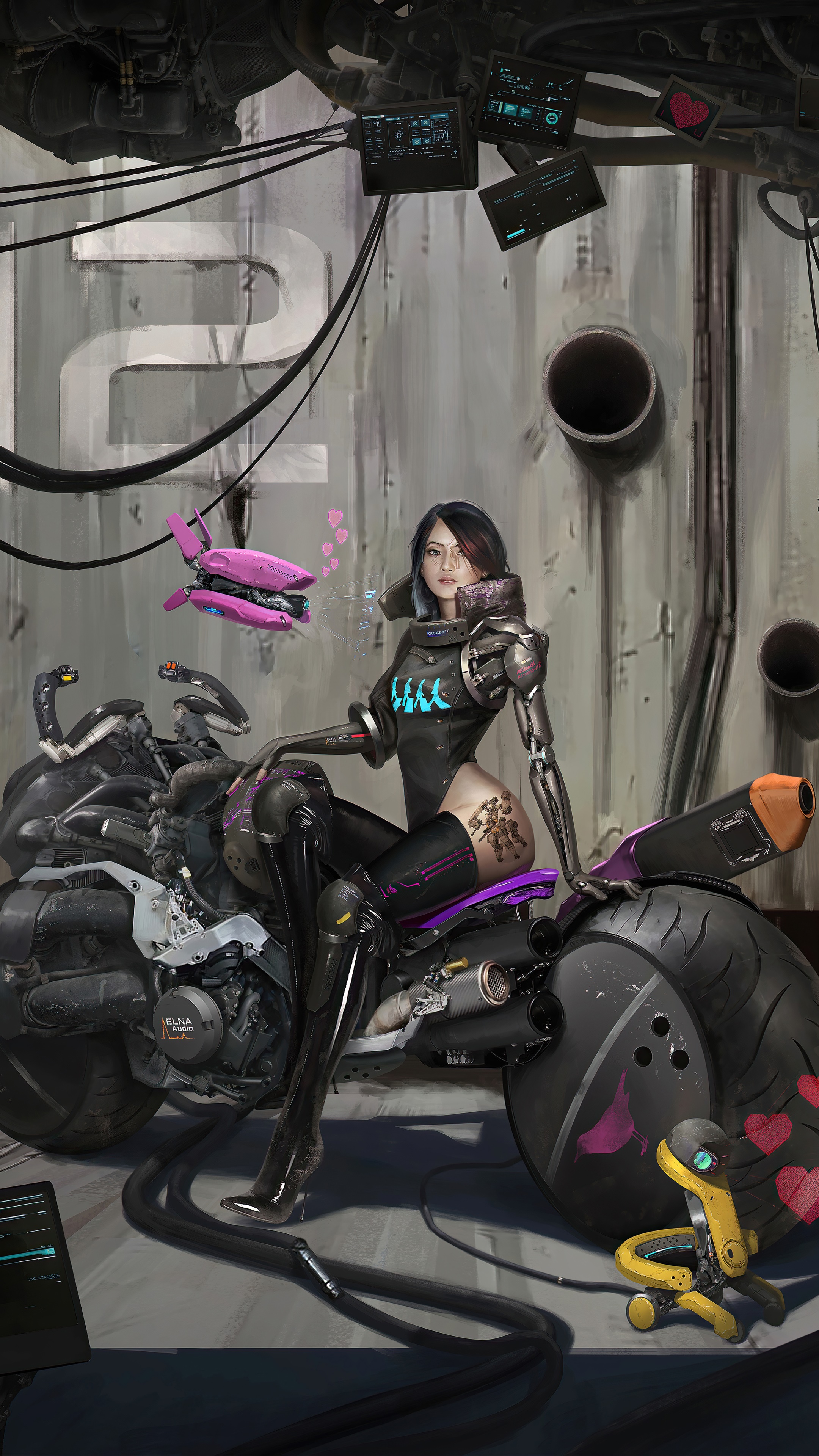 Cyberpunk woman with robotic arm on a motorcycle HD Phone Wallpaper