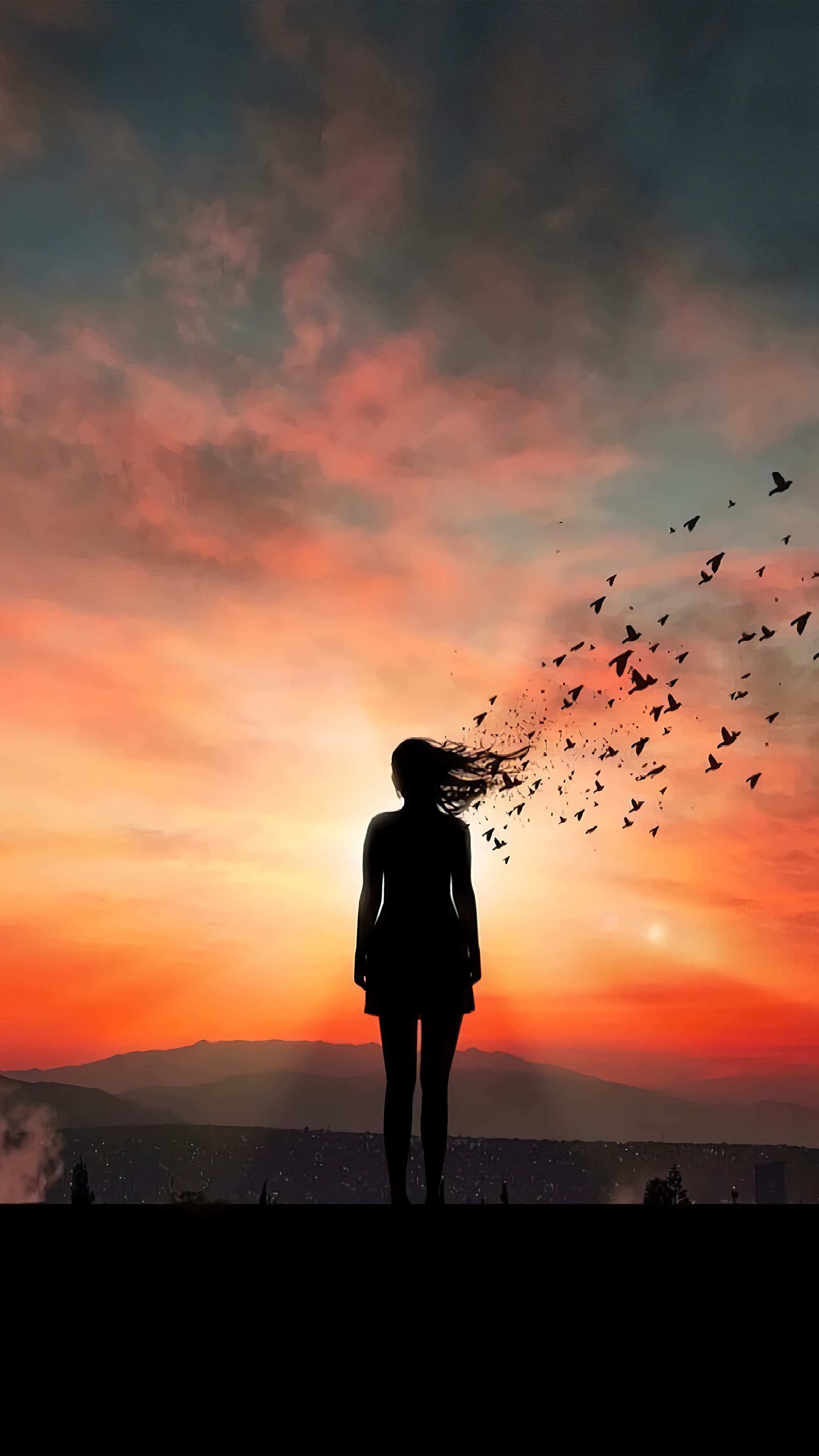 Silhouette of a woman with birds flying from her head at sunset HD Phone Wallpaper