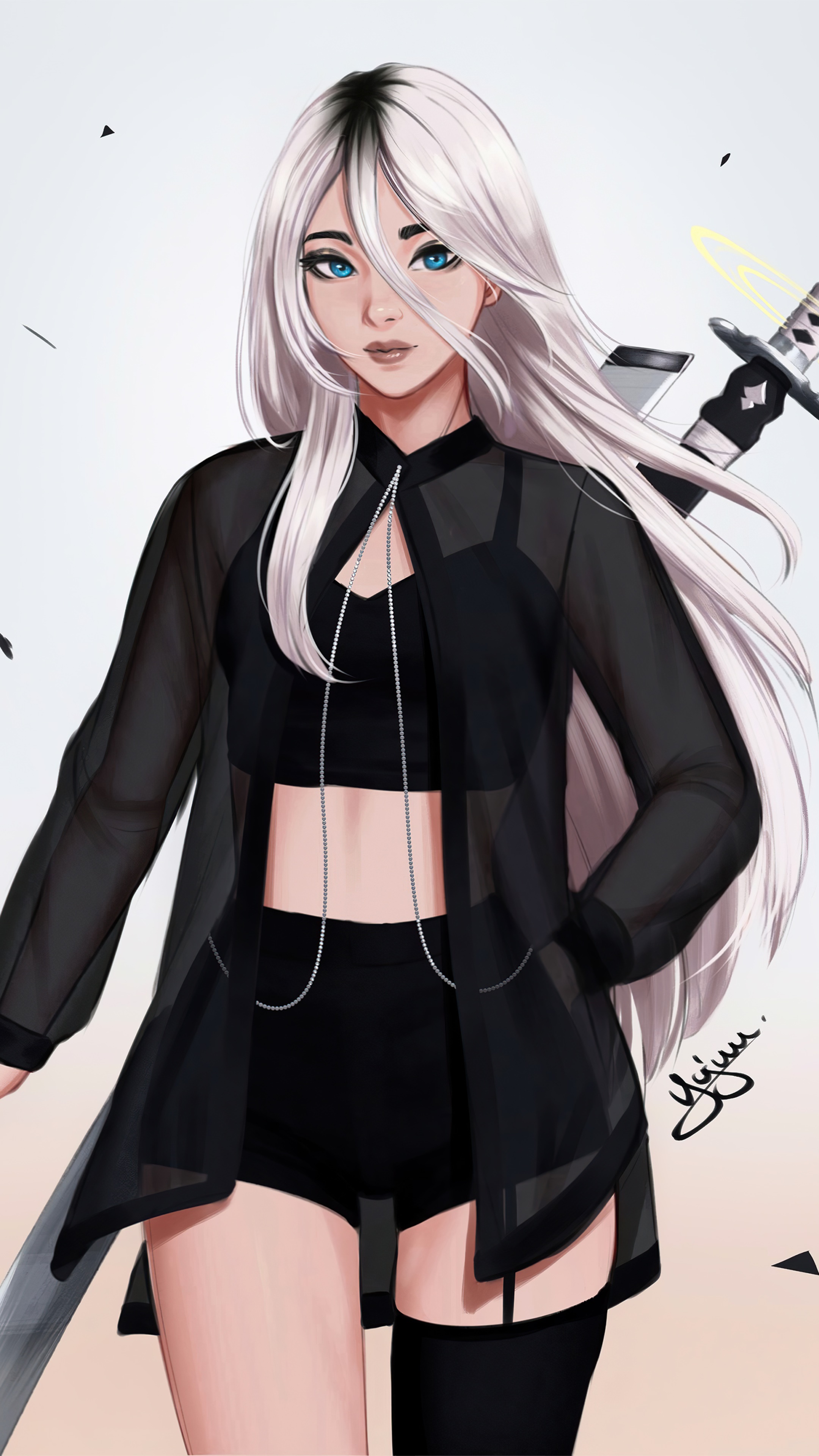 Artwork of a woman with white hair and a sword HD Phone Wallpaper