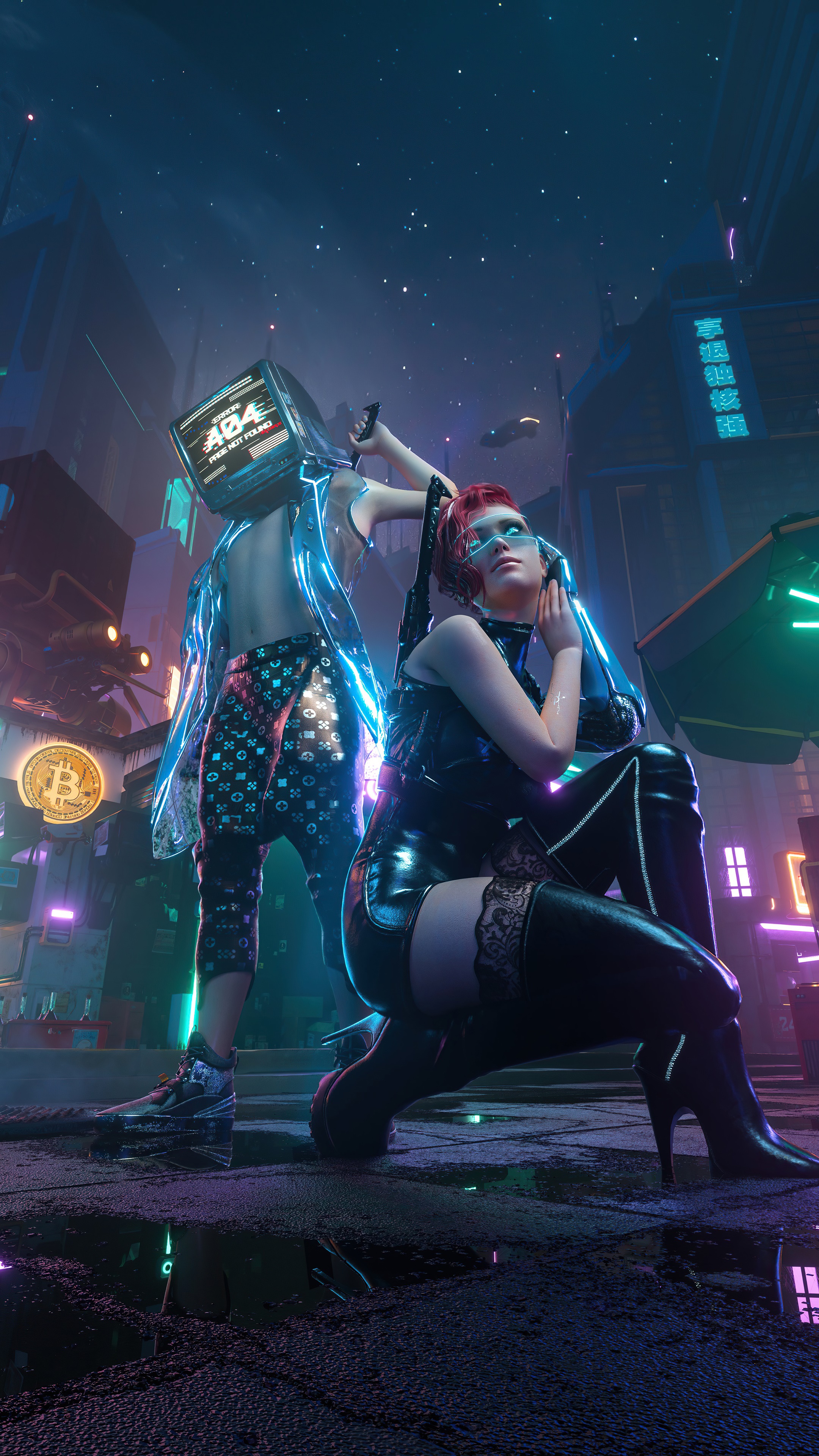 Cyberpunk artwork with two figures in a neon city HD Phone Wallpaper