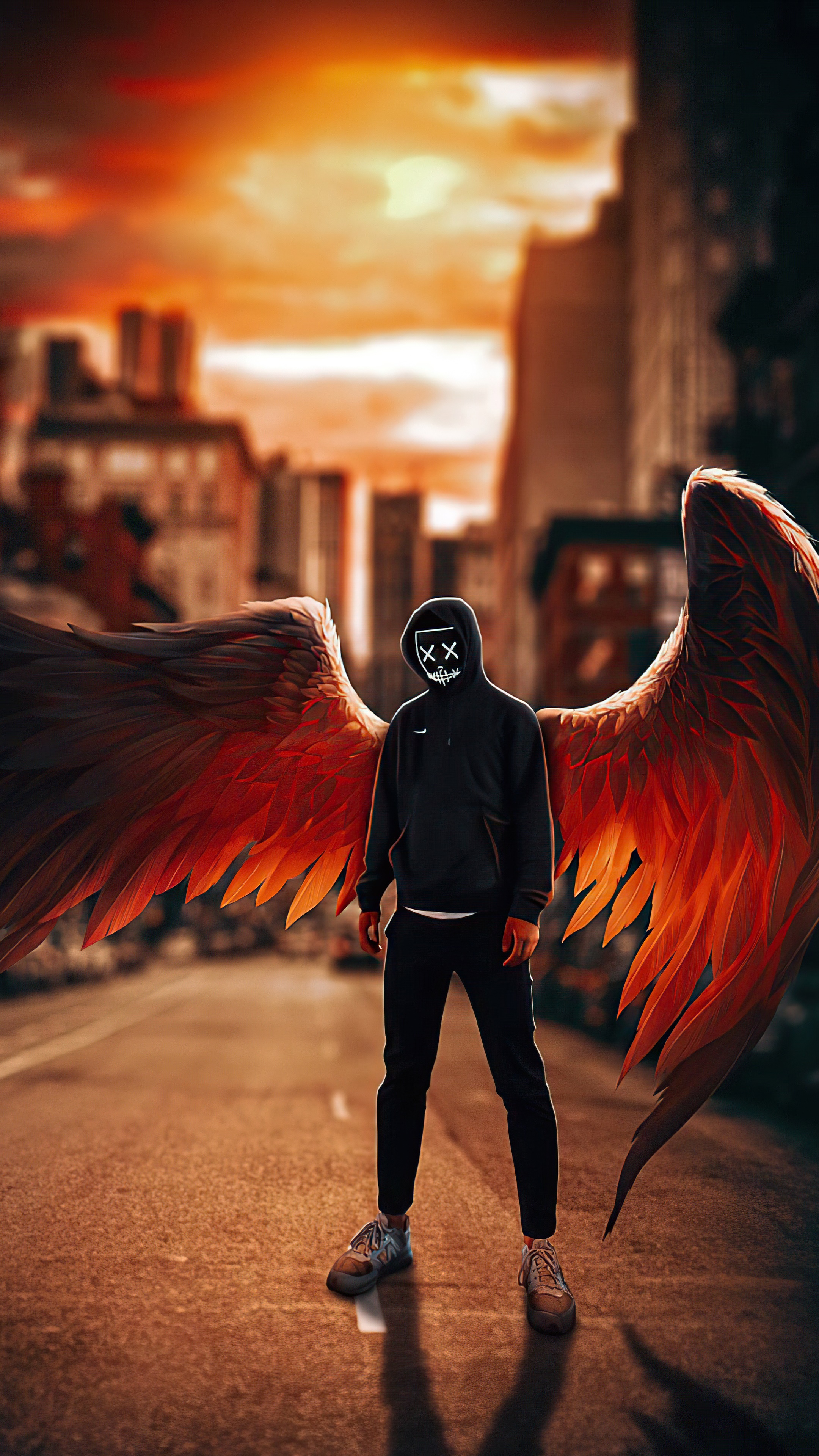 Man with wings and mask in city HD Phone Wallpaper
