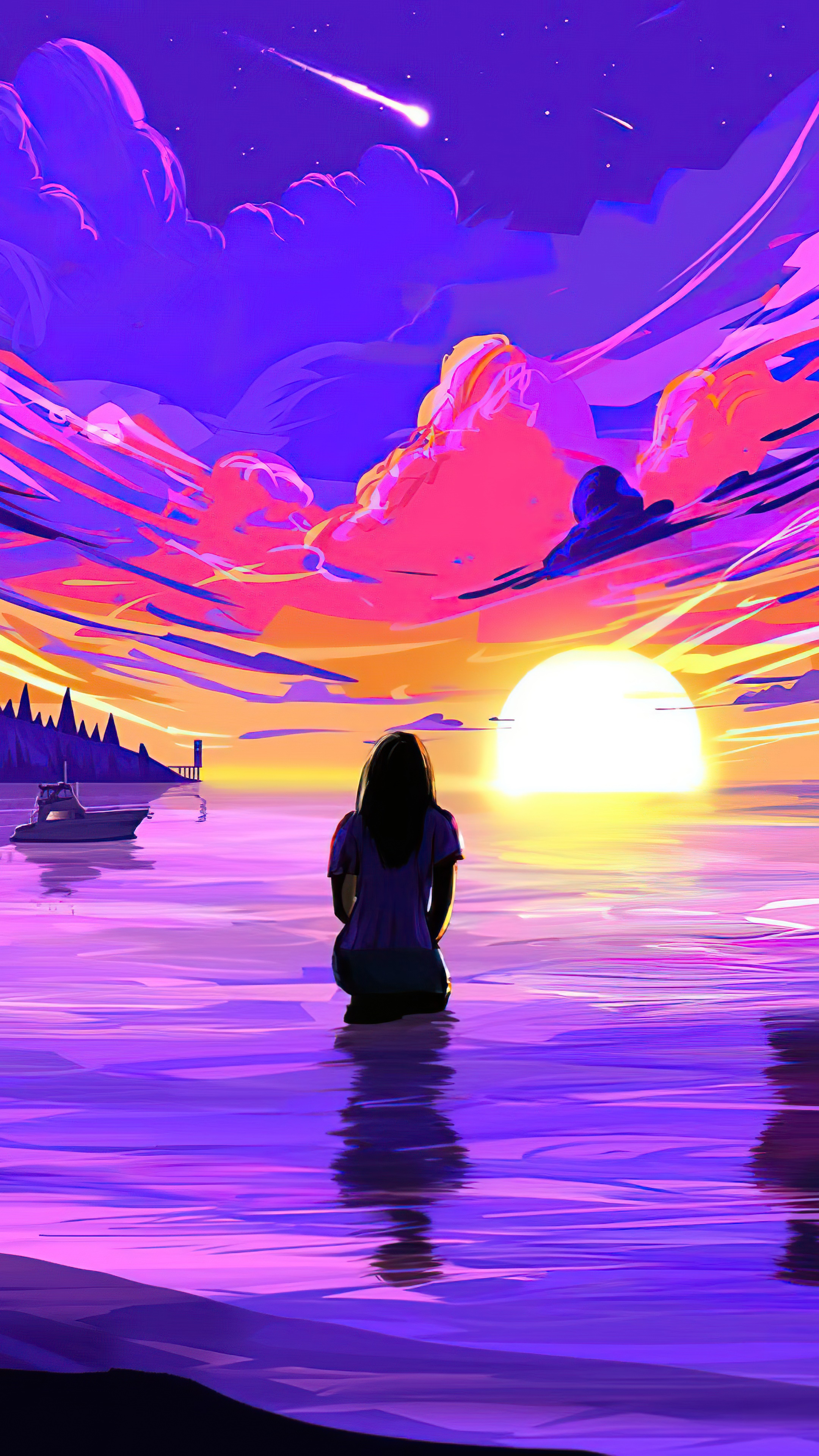 Girl kneeling in water watching sunset with shooting star HD Phone Wallpaper