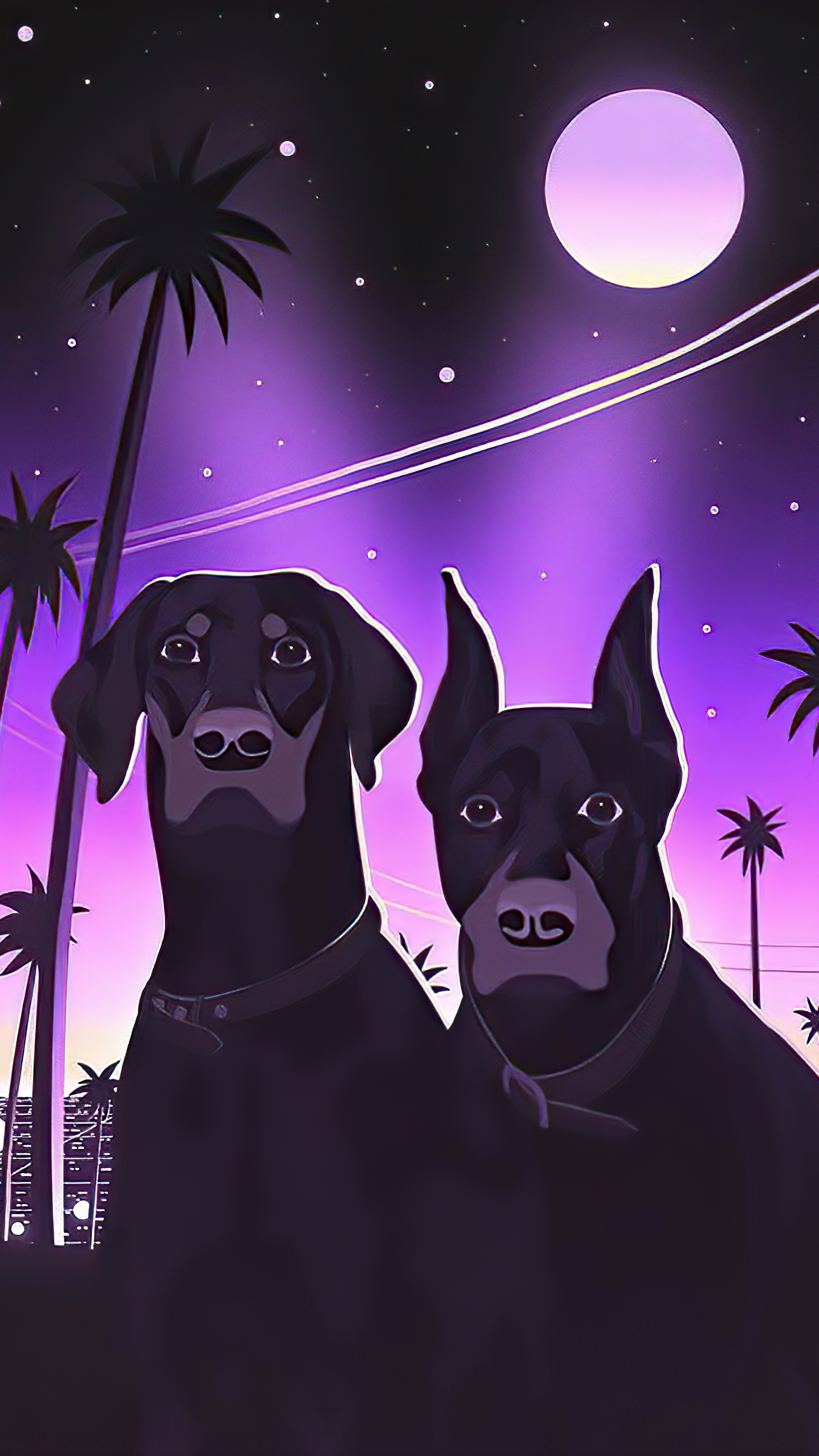 Two Dobermans under a purple night sky with palm trees HD Phone Wallpaper