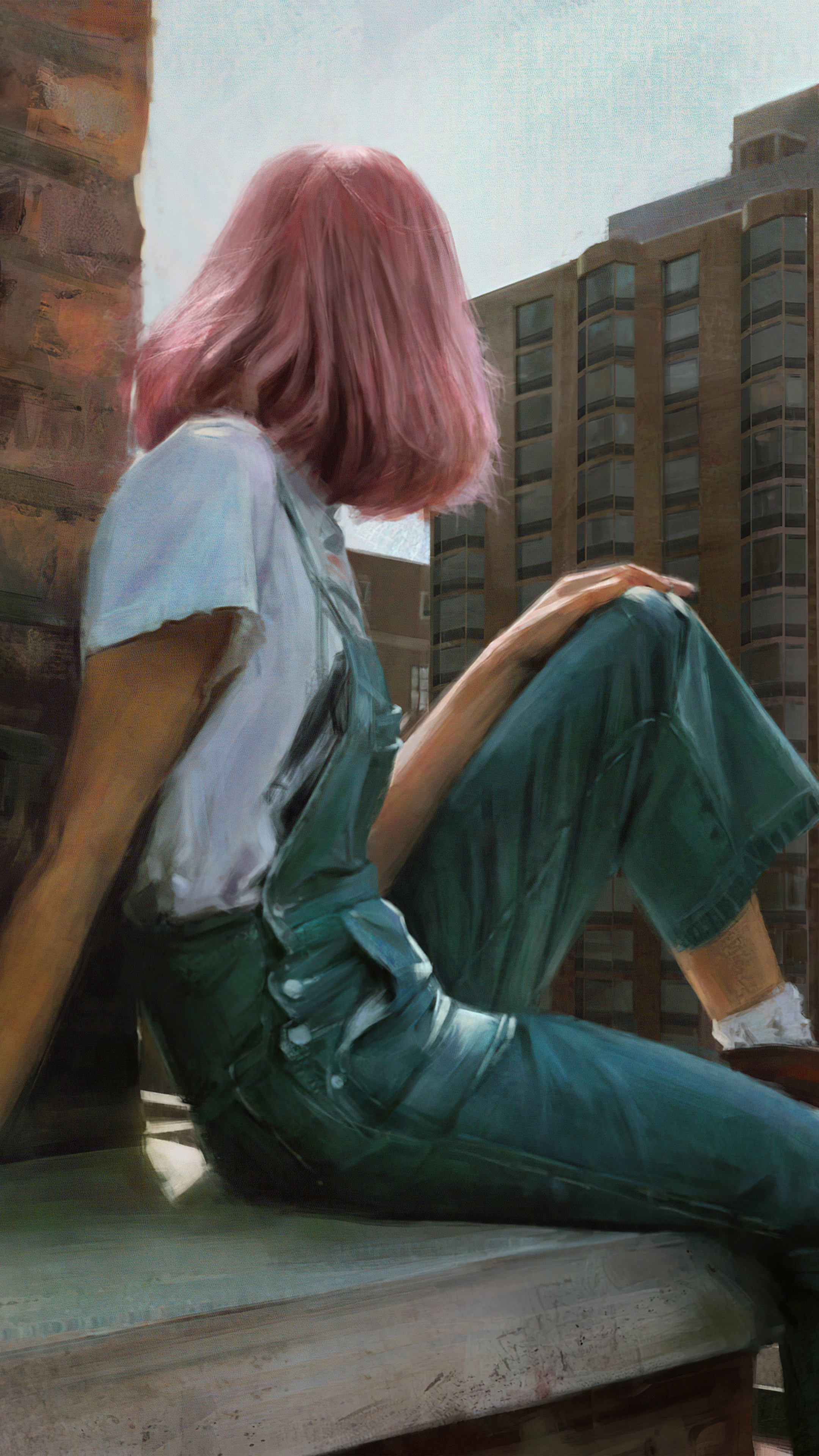 Girl with pink hair in overalls looking out window HD Phone Wallpaper