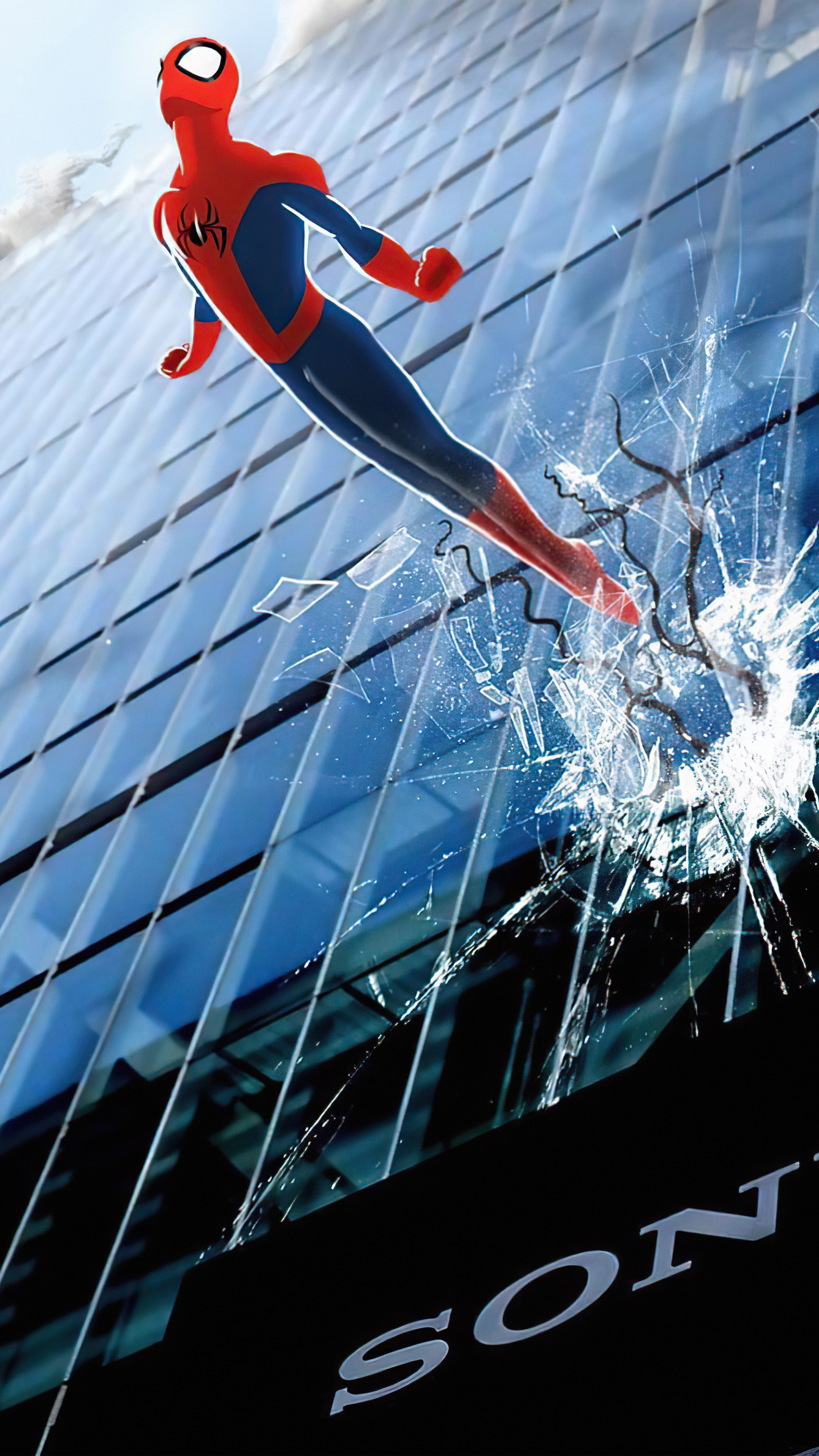 Spider-Man breaking through a glass building with Sony logo HD Phone Wallpaper