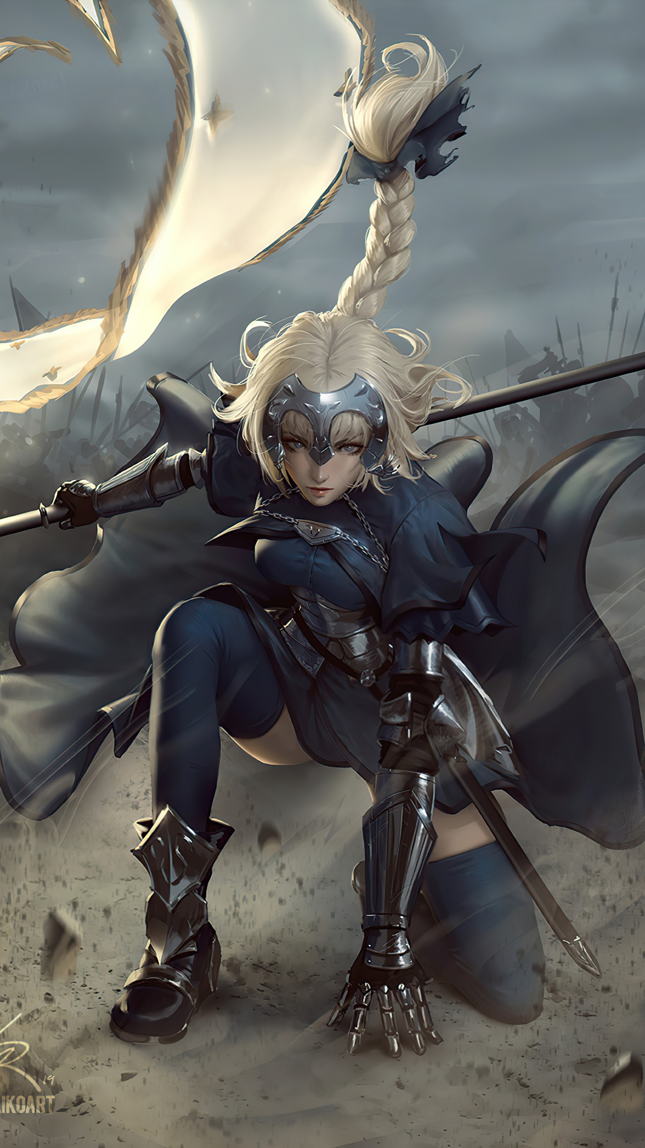 Anime girl with blonde braided hair and armor holding a spear HD Phone Wallpaper